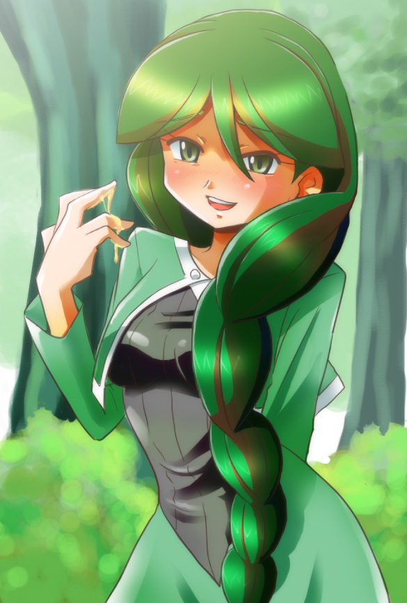 bakeneko (pixiv), cheryl (pokemon), nintendo, pokemon, bad id, bad pixiv id, 1girl, braid, breasts, dress, female focus, green eyes, green hair, hair over shoulder, honey, long hair, matching hair/eyes, naughty face, outdoors, sexually suggestive, single braid, smile, solo, very long hair
