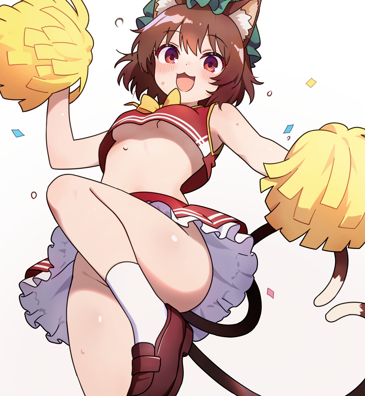 chikuzen1996, chen, touhou, highres, 1girl, animal ears, bow, brown hair, cat ears, cheerleader, dynamic pose, midriff, open mouth, pom pom (cheerleading), purple eyes, short hair, skirt, smile, tail, white background, yellow bow