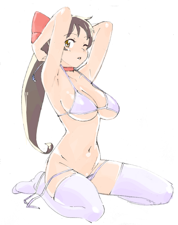 tarou2, original, bad id, bad pixiv id, 1girl, armpits, arms up, bikini, breasts, brown hair, choker, cleavage, female focus, large breasts, long hair, navel, one eye closed, panties, ponytail, side-tie bikini bottom, side-tie panties, solo, string bikini, swimsuit, thighhighs, underboob, underwear, undressing, untied bikini, white thighhighs, wink, yellow eyes