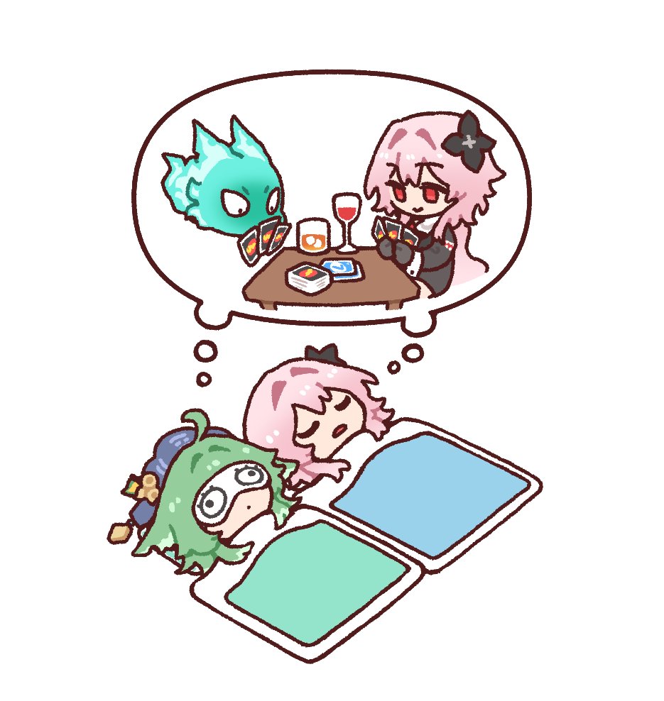 dorkdragoon, evernight (honkai: star rail), huohuo (honkai: star rail), march 7th (honkai: star rail), tail (honkai: star rail), honkai: star rail, honkai (series), uno (game), 2girls, ahoge, alcohol, chibi, closed eyes, closed mouth, cup, dreaming, drinking glass, green hair, ice, ice cube, long hair, multiple girls, open mouth, pink hair, red eyes, red wine, sleep mask, sleeping, smile, speech bubble, table, thought bubble, under covers, wine, wine glass