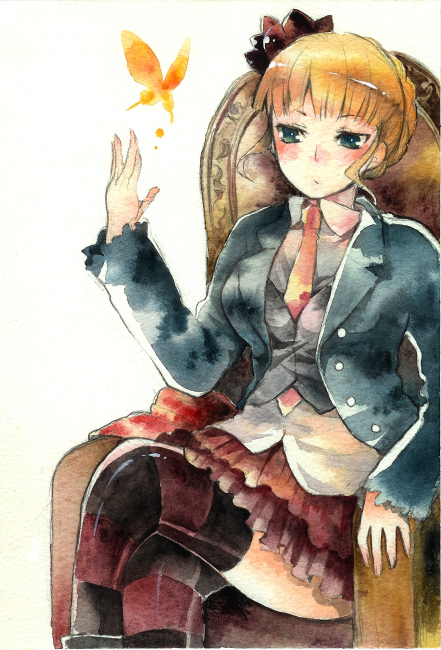 hanokage, beatrice (umineko), umineko no naku koro ni, 00s, 1girl, armchair, black thighhighs, blue eyes, blue jacket, blunt bangs, blush, bug, butterfly, buttons, chair, expressionless, female focus, insect, jacket, long sleeves, necktie, pink necktie, simple background, solo, thighhighs, white background, zettai ryouiki