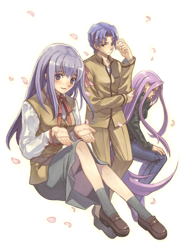 nama (tadpole), matou sakura, matou shinji, medusa (fate), medusa (rider) (fate), fate/stay night, fate (series), bad id, bad pixiv id, 00s, 1boy, 2girls, brother and sister, homurabara academy school uniform, long hair, multiple girls, school uniform, short hair, siblings, wavy hair