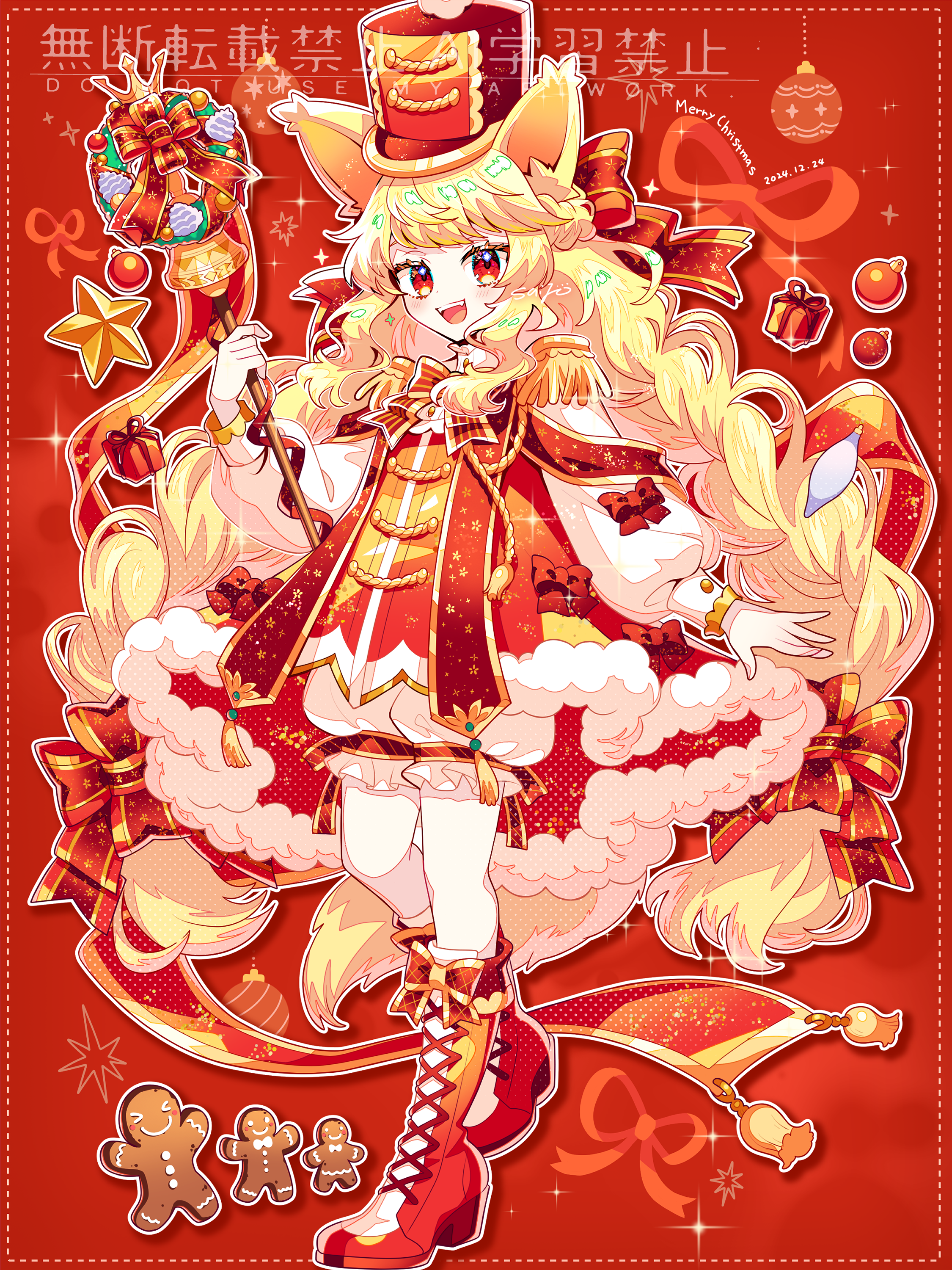 saijo1201, original, absurdres, commentary, highres, 1girl, :d, animal ears, blonde hair, bloomers, blush, boots, bow, bowtie, braid, dress, fox ears, fox girl, fox tail, full body, fur-trimmed dress, fur trim, hair bow, hat, holding, holding staff, lace-up boots, long hair, long sleeves, looking at viewer, open mouth, orange bow, orange bowtie, red background, red boots, red dress, red eyes, red hat, smile, solo, staff, standing, tail, twin braids, underwear, watermark, white bloomers