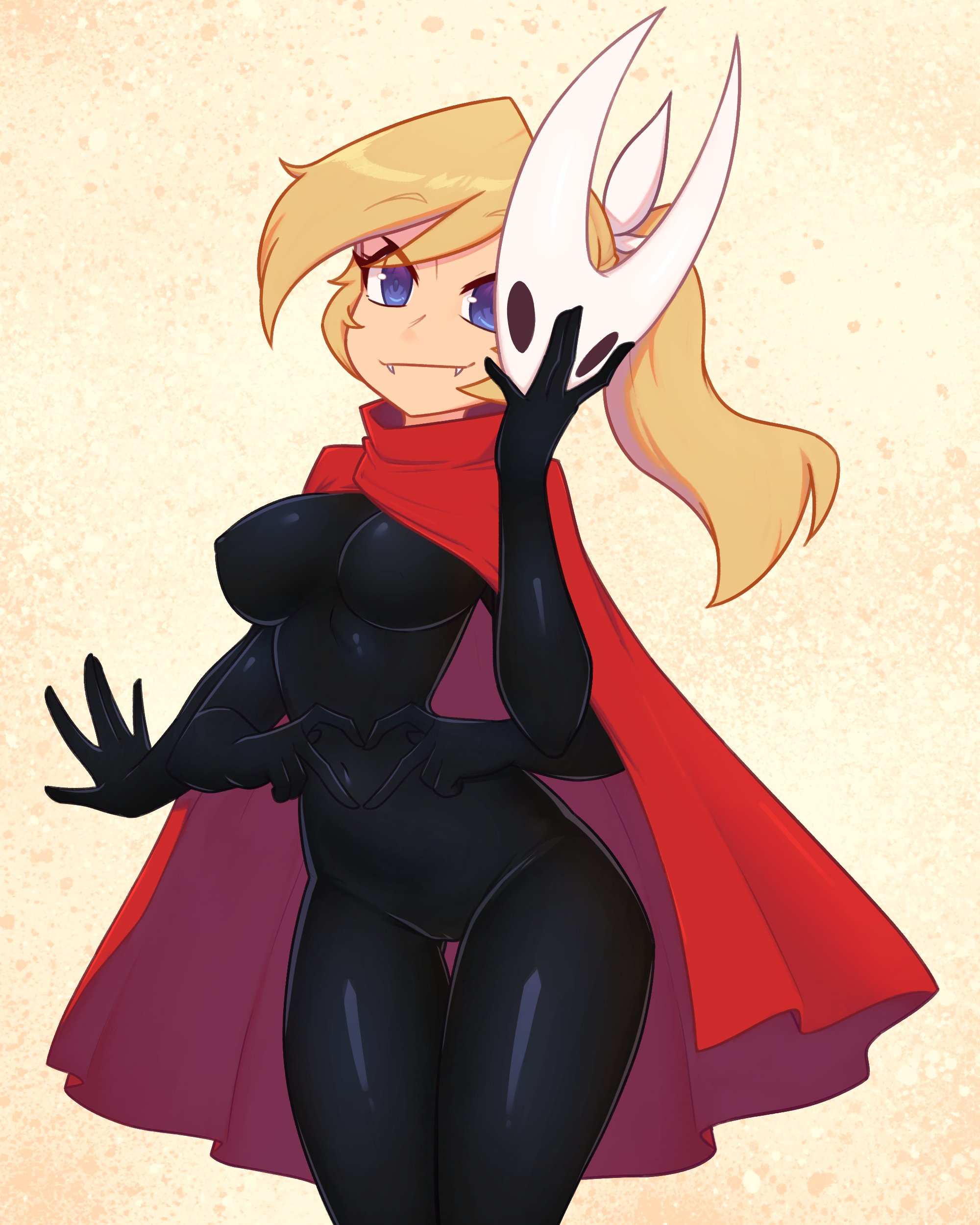 xyronii, hornet (hollow knight), nelly (xyronii), hollow knight, hollow knight: silksong, original, absurdres, highres, 1girl, black bodysuit, blonde hair, blue eyes, bodysuit, breasts, cape, closed mouth, cosplay, cowboy shot, extra arms, fangs, holding, holding mask, hornet (hollow knight) (cosplay), mask, ponytail, red cape, solo, white mask, yellow background