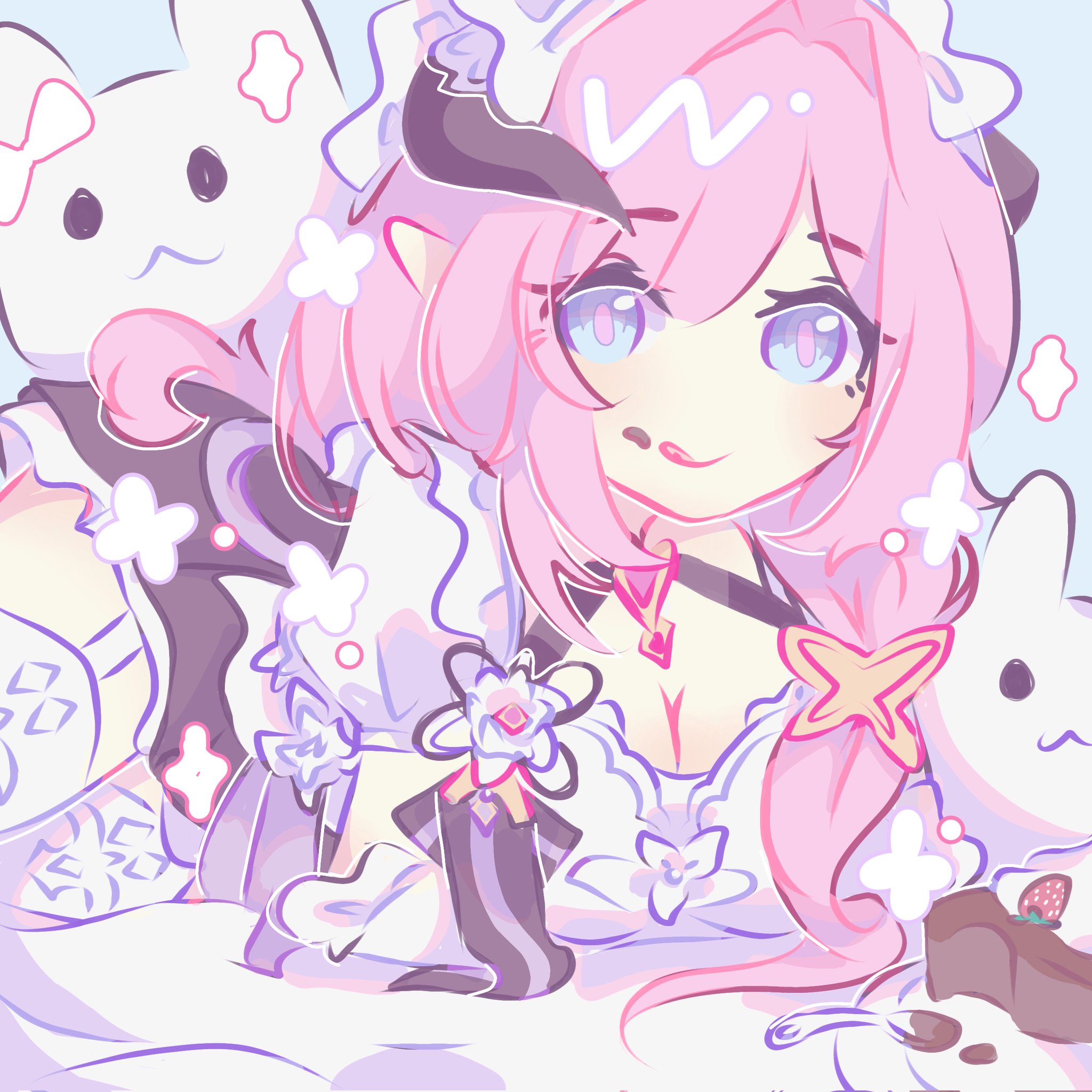 elysia (honkai impact), elysia (miss pink) (honkai impact), elysia (miss pink elf) (honkai impact), honkai (series), honkai impact 3rd, commentary, highres, 1girl, black dress, blue background, blue eyes, breadmilqq, breasts, butterfly hair ornament, cake, chocolate, chocolate cake, chocolate on face, cleavage, dress, elf, fake horns, food, food on face, garter straps, hair ornament, horns, large breasts, licking lips, long hair, lying, maid, maid headdress, official alternate costume, on stomach, pink hair, pointy ears, rabbit, solo, thighhighs, thighs, tongue, tongue out, very long hair, white garter straps, white thighhighs