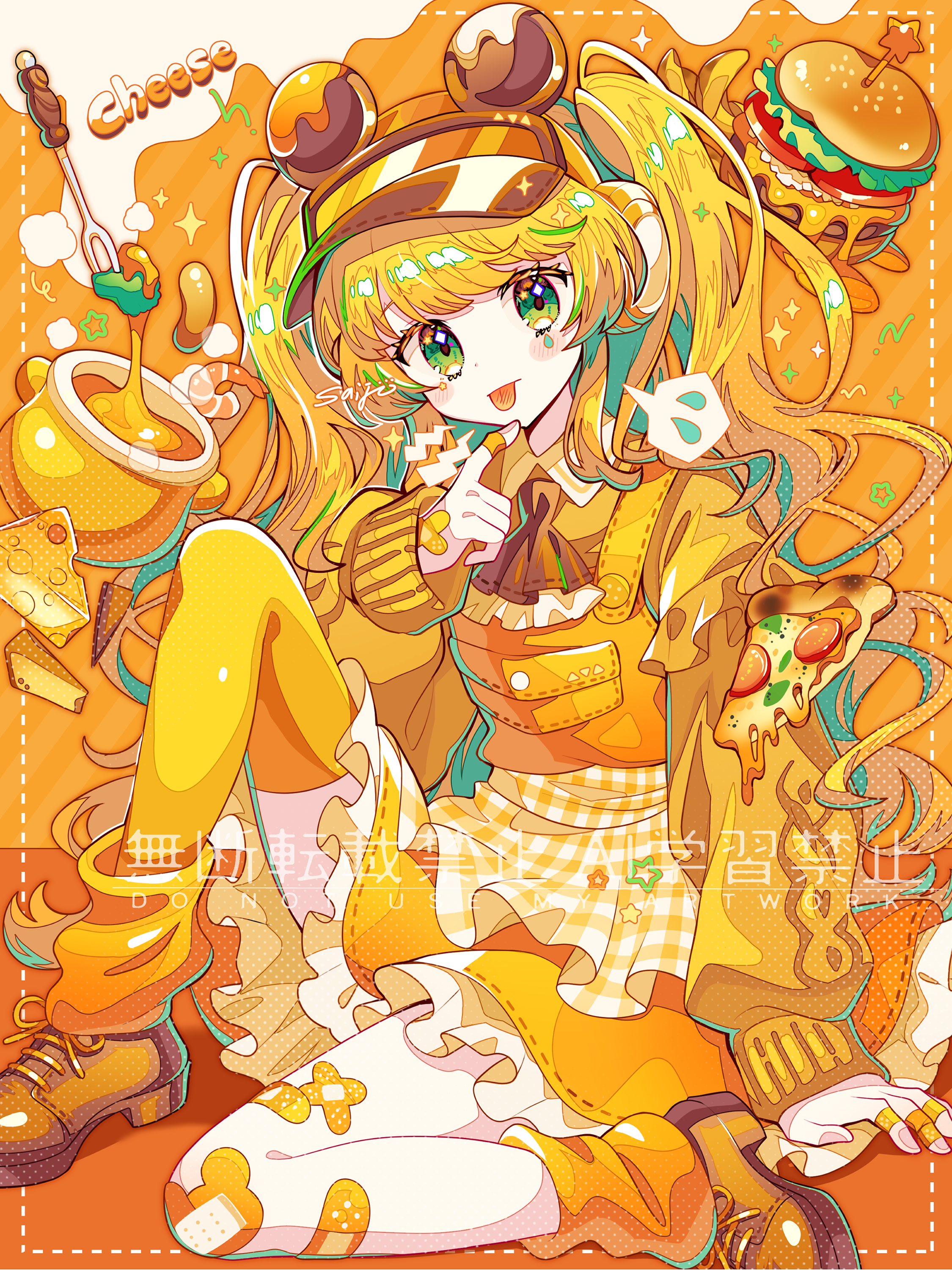 saijo1201, original, absurdres, commentary request, highres, 1girl, apron, asymmetrical legwear, bandaid, bandaid on finger, bandaid on hand, bandaid on knee, bandaid on leg, blonde hair, blush stickers, burger, cheese, closed mouth, cross-laced shoes, dress, food, full body, green eyes, long hair, looking at viewer, orange background, orange dress, orange shoes, orange socks, orange thighhighs, shoes, sitting, socks, solo, thighhighs, tongue, tongue out, twintails, uneven legwear, visor cap, waist apron, watermark, white apron