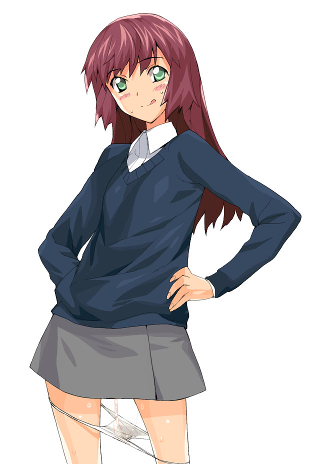 a1 (initial-g), blush, green eyes, hands on own hips, long hair, panties, panty pull, red hair, skirt, solo, tongue, underwear