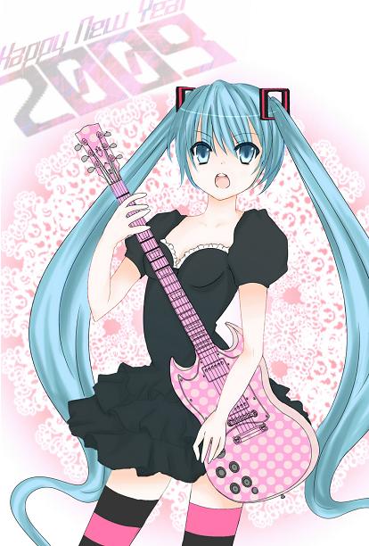 tachibana yunata, hatsune miku, vocaloid, bad id, bad pixiv id, 1girl, blue eyes, blue hair, female focus, guitar, instrument, long hair, looking at viewer, matching hair/eyes, solo, thighhighs, twintails, very long hair