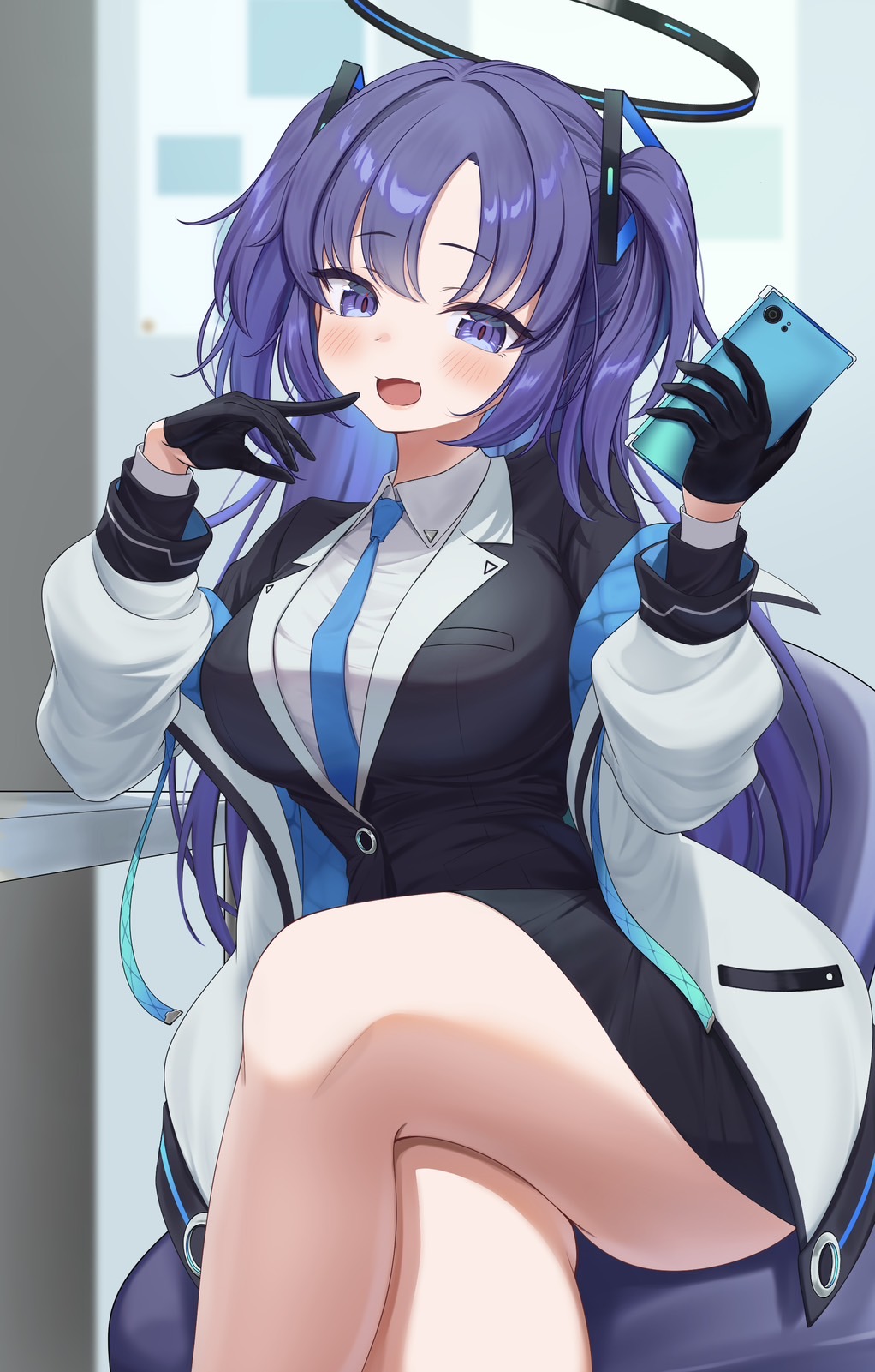 panda 90321, yuuka (blue archive), blue archive, highres, 1girl, black gloves, black halo, black skirt, black suit, blue necktie, crossed legs, finger to mouth, formal clothes, gloves, hair ornament, halo, holding, holding phone, jacket, long hair, looking at viewer, mechanical halo, necktie, open clothes, open jacket, phone, purple eyes, purple hair, shirt, sitting, skirt, smile, solo, suit, triangle hair ornament, two-sided fabric, two-sided jacket, two side up, white jacket, white shirt