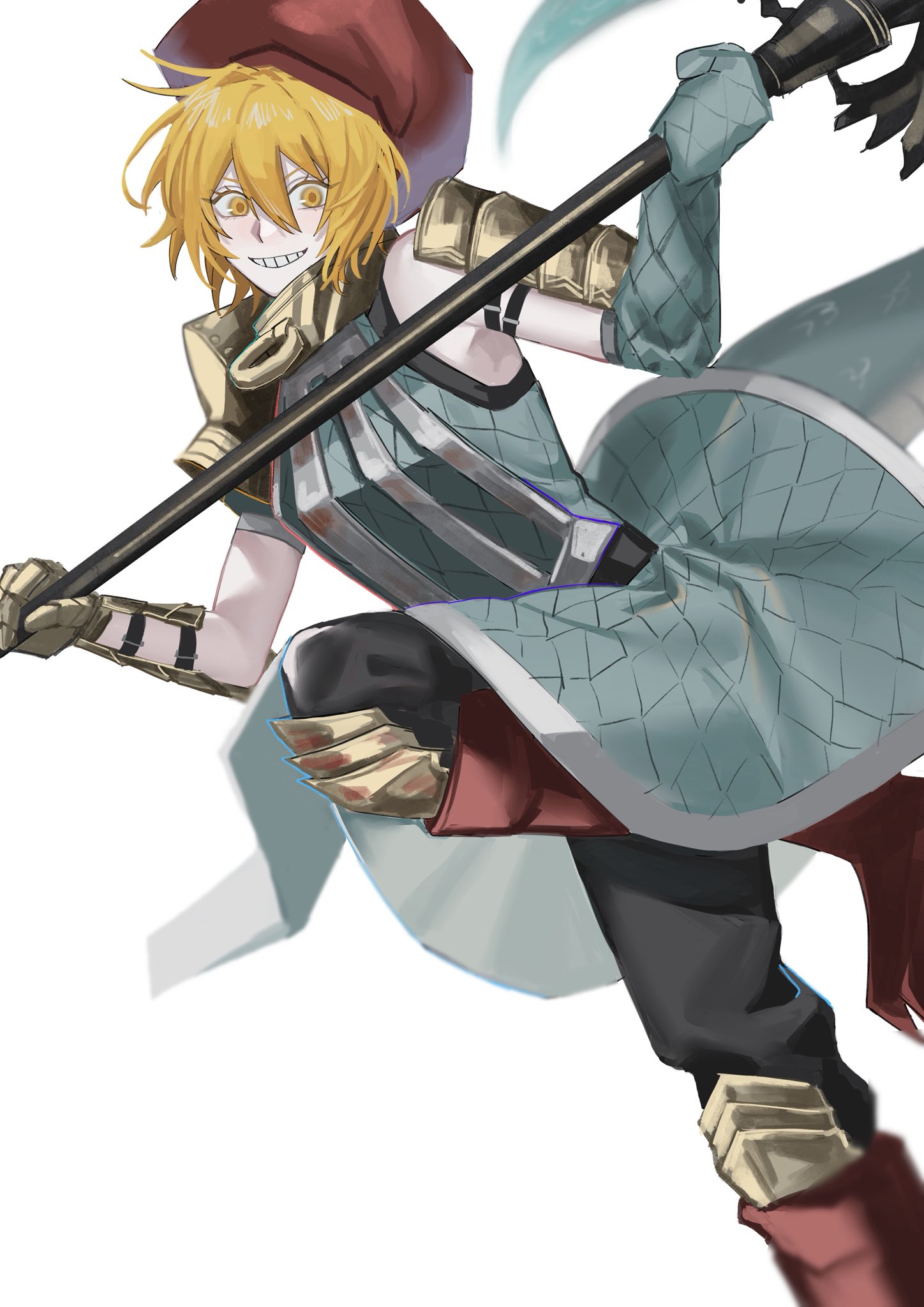 fushimi arata, don quixote (project moon), limbus company, project moon, highres, 1girl, beret, blonde hair, e.g.o (project moon), gloves, hat, holding, holding weapon, lifetime stew (e.g.o), looking at viewer, red hat, short hair, simple background, sleeveless, solo, weapon, white background, yellow eyes