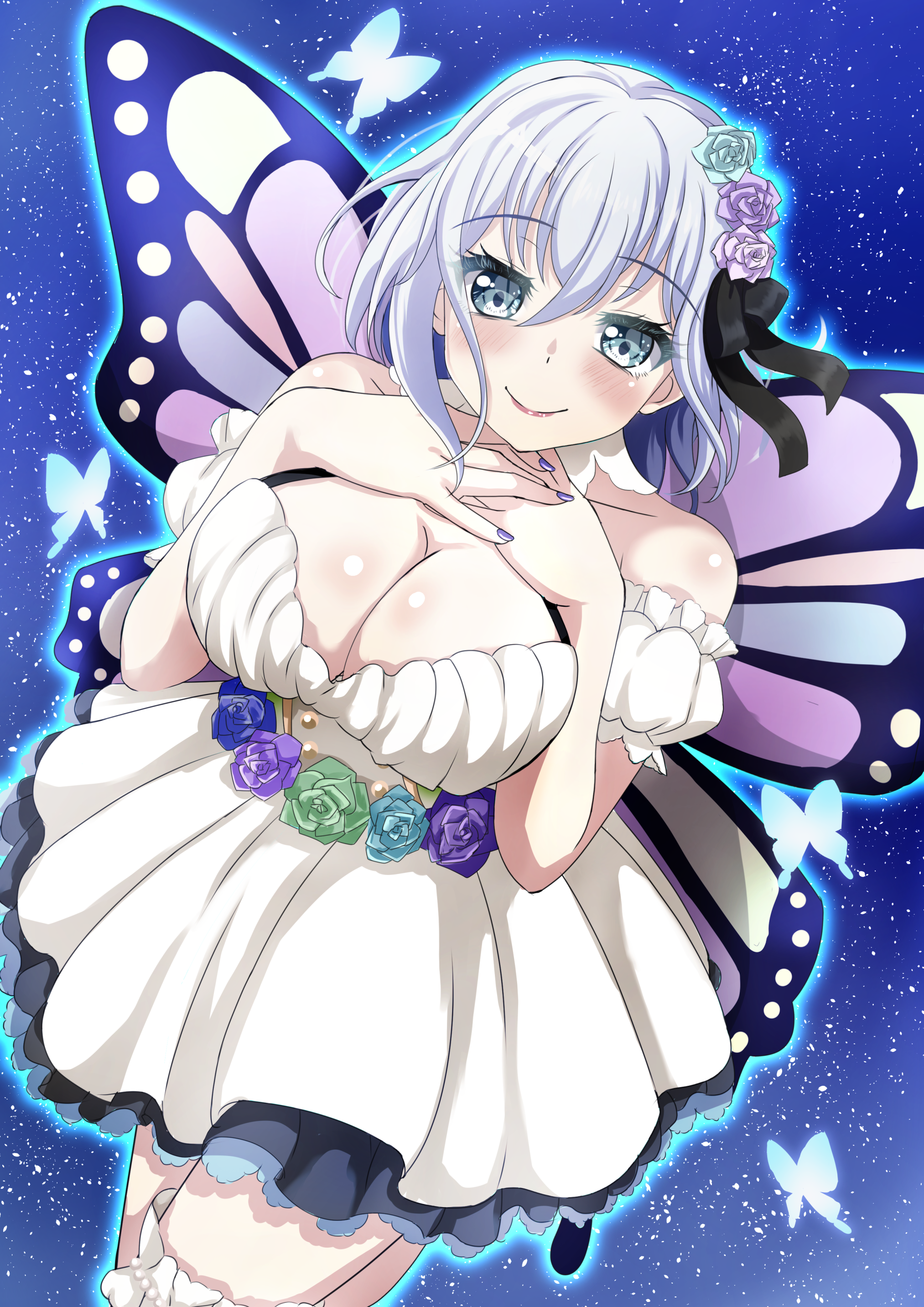mito youki, kurata mashiro, bang dream!, absurdres, highres, breasts, dress, fairy wings, large breasts, nail polish, sky, smile, star (sky), starry sky, white hair, wings