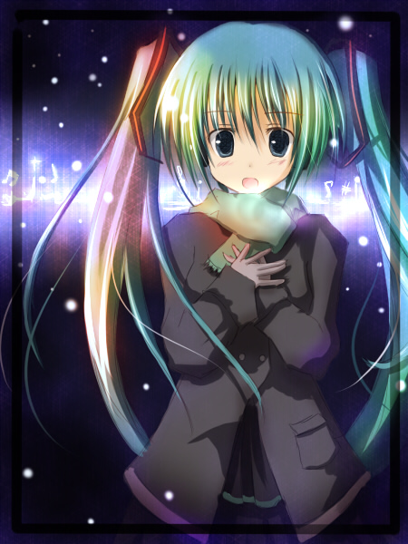 mashayuki, hatsune miku, vocaloid, coat, long hair, scarf, solo, twintails