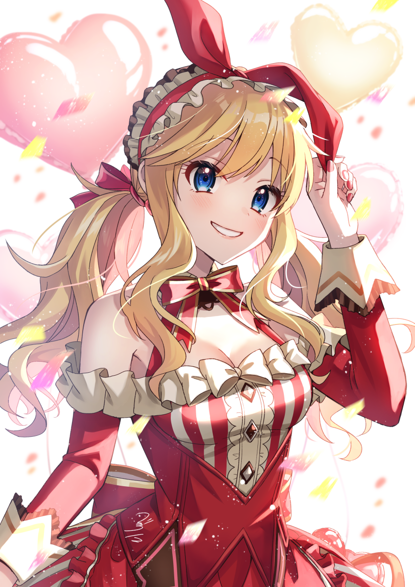 bekkourico, ohtsuki yui, idolmaster, idolmaster cinderella girls, idolmaster cinderella girls starlight stage, highres, 1girl, balloon, bare shoulders, blonde hair, blue eyes, blush, bow, bowtie, breasts, cleavage, detached sleeves, dress, frilled dress, frilled hairband, frills, hair ribbon, hairband, heart balloon, long hair, looking at viewer, medium breasts, nail polish, off-shoulder dress, off shoulder, red bow, red bowtie, red dress, red hairband, red nails, red sleeves, ribbon, smile, solo, twintails, wavy hair, wavy sidelocks, wrist cuffs
