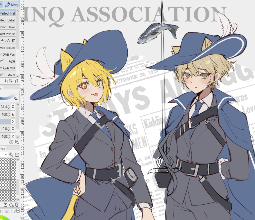 don quixote (project moon), sinclair (project moon), limbus company, project moon, 7011yu, animal ears, arm behind back, belt, black coat, blonde hair, blue cape, blue hat, blue necktie, blush, cape, cat boy, cat ears, cat tail, cinq association west uniform, coat, collared shirt, couple, gloves, hat, hat feather, hetero, long sleeves, looking at viewer, musketeer, necktie, newspaper, rapier, shirt, short hair, sparkling eyes, sword, tail, tongue, tongue out, weapon, white shirt, yellow eyes