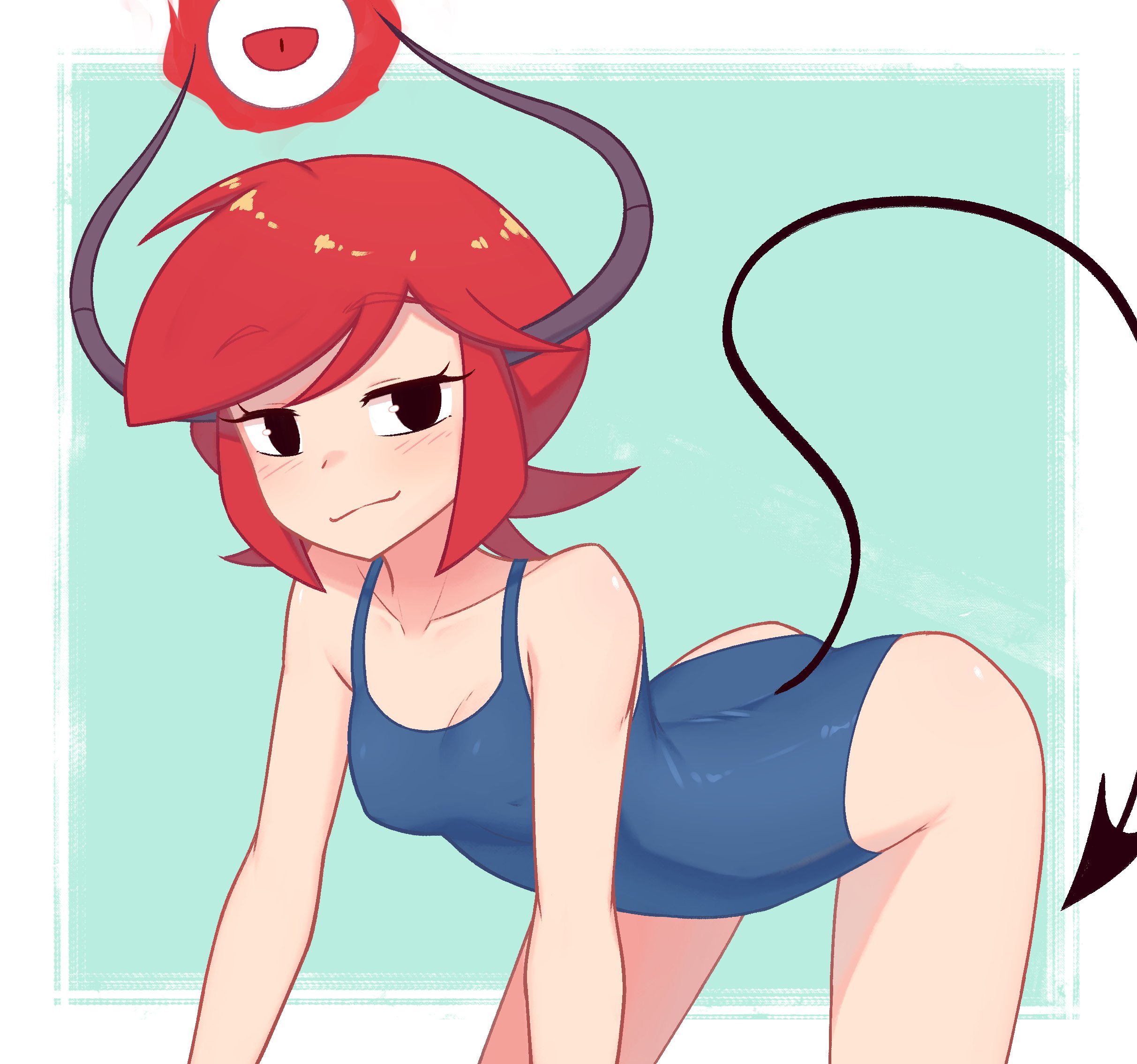 xyronii, maddie (tobias wheller), original, commentary, english commentary, highres, 1girl, :3, bare shoulders, black eyes, black tail, blue one-piece swimsuit, breasts, cleavage, closed mouth, collarbone, demon tail, eyeball, horns, looking at viewer, one-piece swimsuit, red hair, small breasts, solo, swimsuit, tail