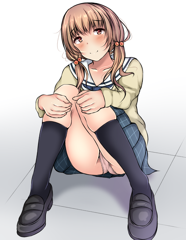 winter (winterinkoakuma), naoe tayu, cinderella series, hachigatsu no cinderella nine, 1girl, black socks, blue necktie, blush, brown hair, cardigan, collarbone, full body, hair ornament, hugging own legs, loafers, looking at viewer, necktie, no dickey, panties, pantyshot, pink panties, plaid clothes, plaid skirt, red eyes, sailor collar, satogahama school uniform, school uniform, shadow, shoes, simple background, sitting, skirt, smile, socks, solo, tile floor, tiles, twintails, underwear, white background, white sailor collar, yellow cardigan