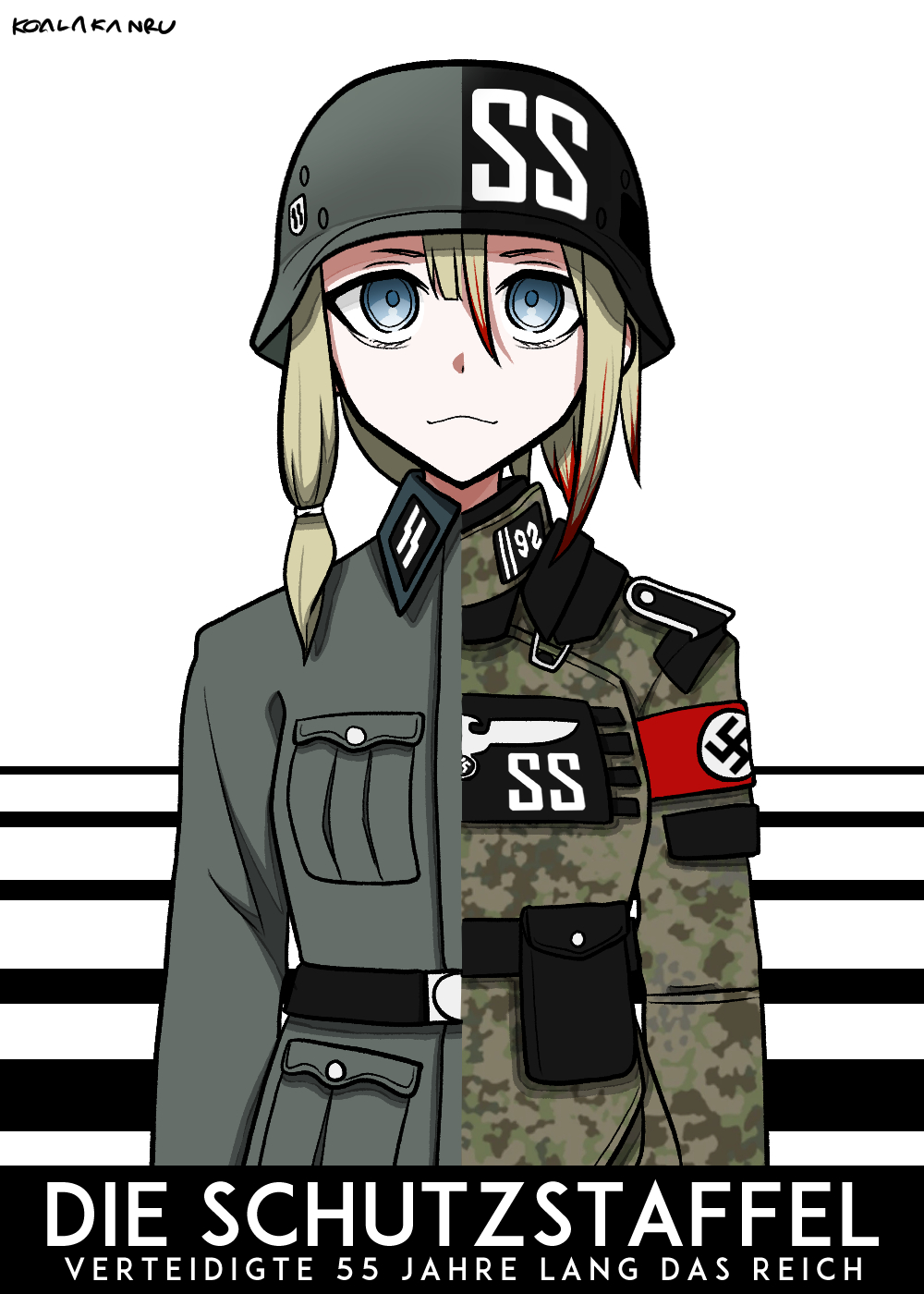 koalakanru, original, highres, 1girl, ammunition pouch, armband, armor, artist name, blonde hair, blue eyes, german text, military uniform, nazi, pauldrons, poster (medium), pouch, propaganda, red armband, reichsadler, short hair, shoulder armor, single pauldron, solo, split image, ss insignia, swastika, waffen-ss