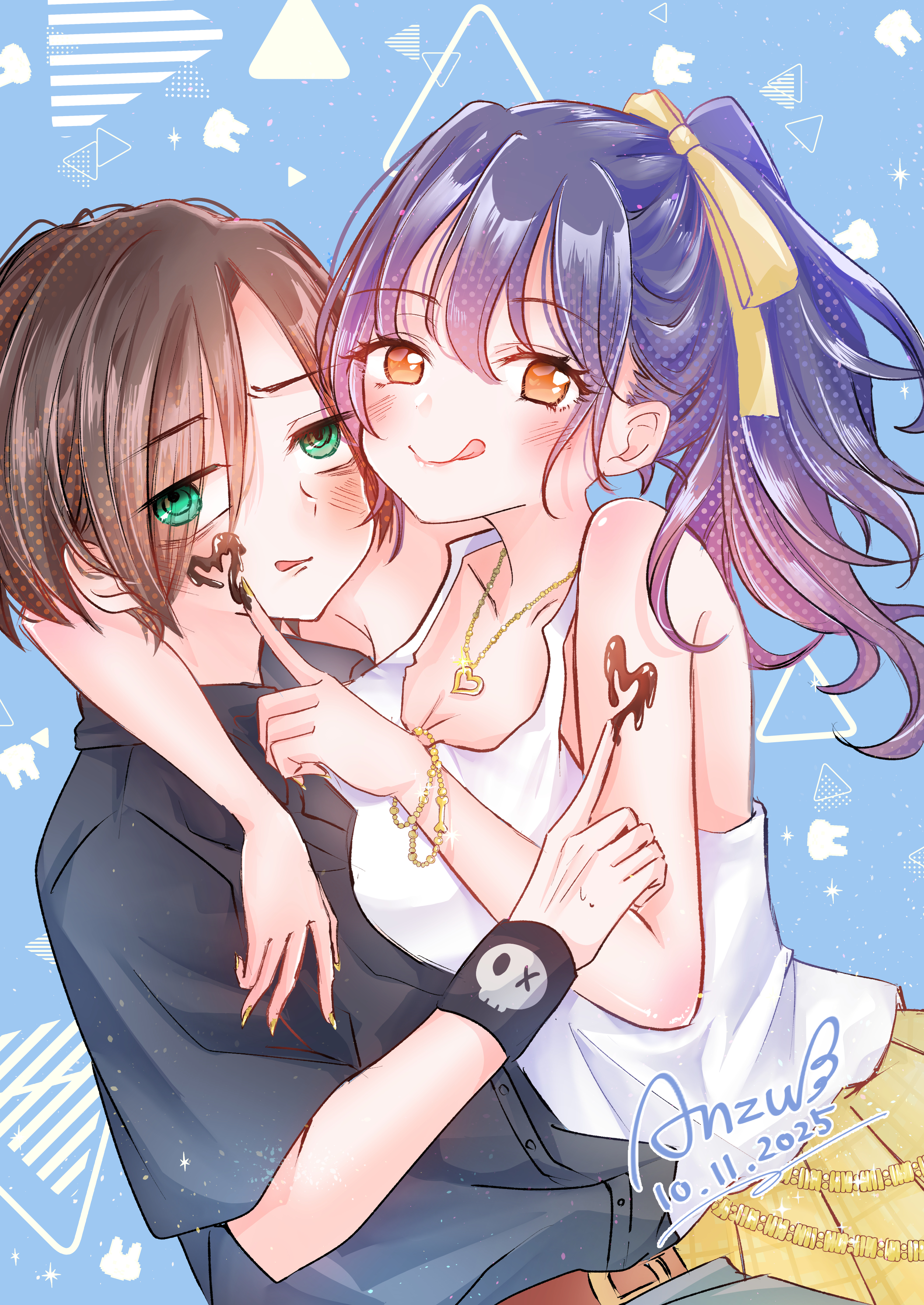3-nyan, ichikawa kyoutarou, yamada anna, boku no kokoro no yabai yatsu, absurdres, commentary, highres, 1boy, 1girl, alternate eye color, alternate hairstyle, artist name, bare shoulders, black hair, black shirt, blush, bone bracelet, bracelet, breasts, brown eyes, chocolate, chocolate on face, cleavage, closed mouth, collarbone, dated, eyes visible through hair, food, food on face, foot on arm, green eyes, hair over one eye, hair ribbon, heart, heart necklace, hetero, high ponytail, hug, jewelry, large breasts, long hair, looking at viewer, multiple bracelets, necklace, ponytail, ribbon, ringed eyes, sanpaku, shirt, short hair, short sleeves, sleeveless, sleeveless shirt, tongue, tongue out, twitter username, white shirt, wristband, yellow ribbon