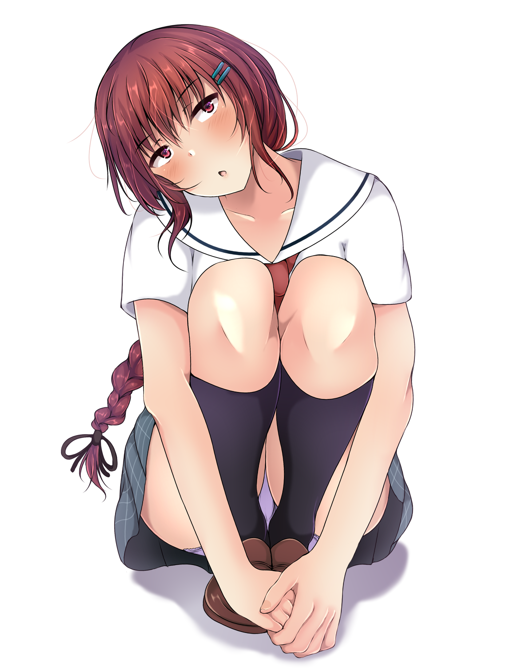 winter (winterinkoakuma), kurashiki maiko, cinderella series, hachigatsu no cinderella nine, highres, 1girl, black ribbon, black socks, braid, collarbone, full body, hair between eyes, hair ornament, hair ribbon, hairclip, head tilt, loafers, long braid, long hair, looking at viewer, necktie, no dickey, open mouth, own hands clasped, own hands together, panties, pantyshot, purple panties, red eyes, red hair, red necktie, ribbon, sailor collar, satogahama school uniform, school uniform, shadow, shirt, shoes, short sleeves, simple background, socks, solo, squatting, summer uniform, underwear, white background, white sailor collar, white shirt