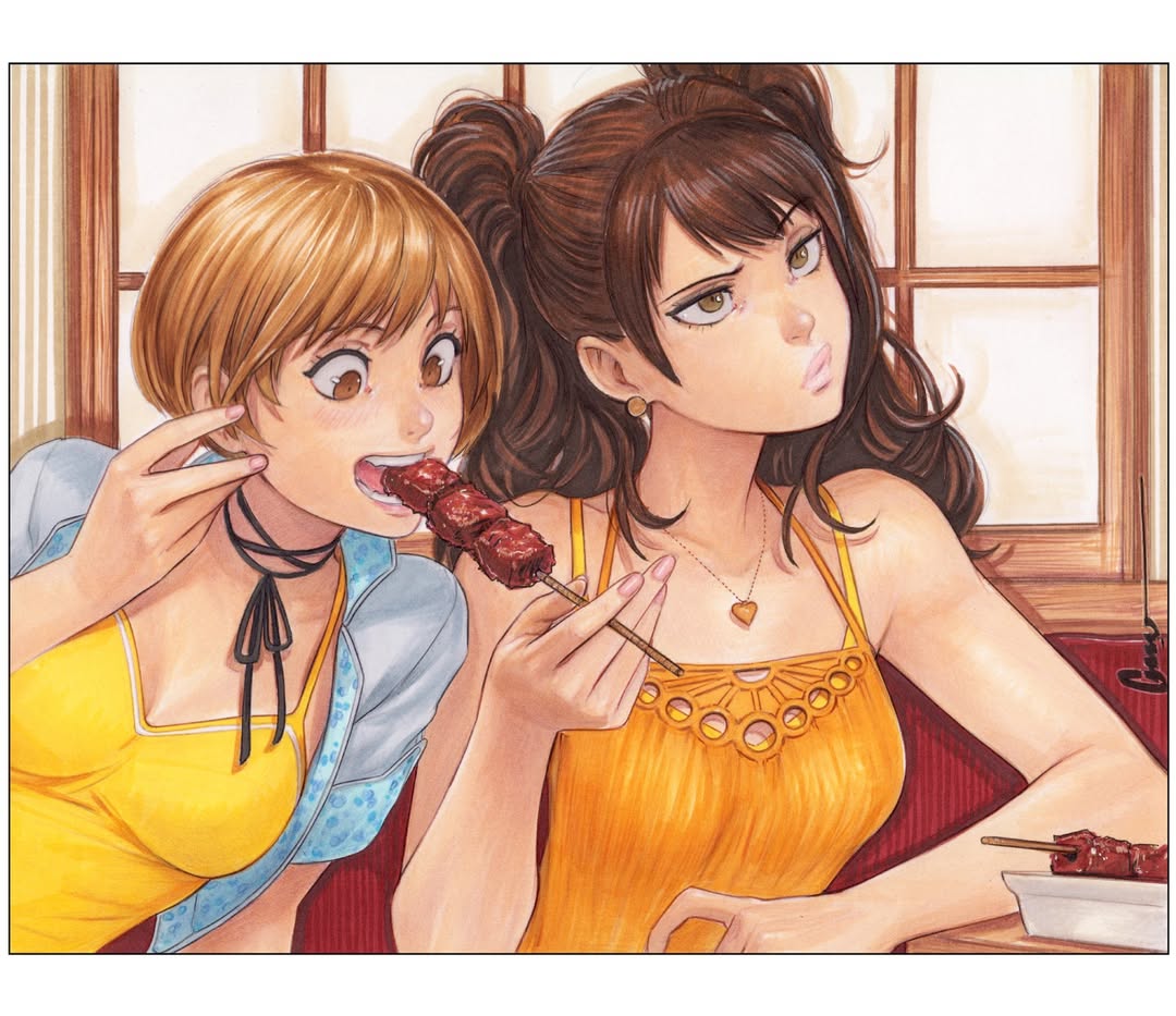 omar dogan, kujikawa rise, satonaka chie, persona, persona 4, persona 4 the golden, 2girls, artist name, bare shoulders, bob cut, breasts, brown hair, cleavage, cropped jacket, dress, earrings, eating, food, heart, heart necklace, holding, holding food, holding skewer, indoors, jewelry, long hair, medium breasts, multiple girls, neck ribbon, necklace, plate, ribbon, short hair, short sleeves, skewer, steak, table, teeth, twintails, window, yellow dress