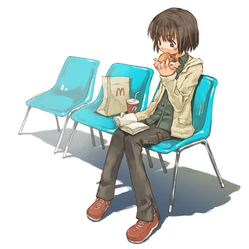 mcdonald's, lowres, book, brown hair, chair, denim, eating, jeans, open book, pants, reading, red shoes, shoes, short hair, solo