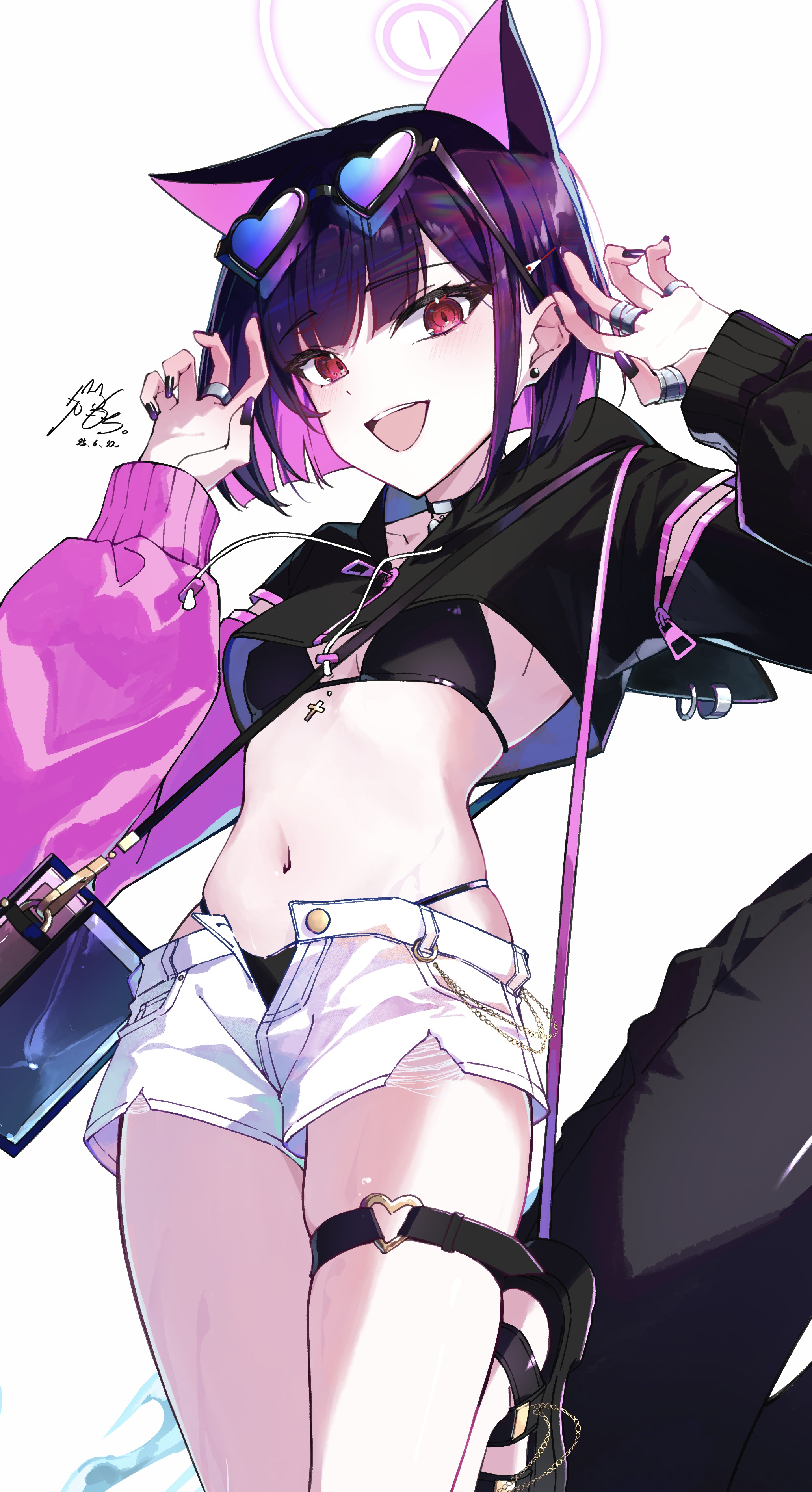 nekomochi, kazusa (blue archive), blue archive, absurdres, highres, alternate costume, animal ears, asymmetrical sleeves, bikini, black bikini, black choker, black hair, black hoodie, black shrug, cat ears, cat girl, choker, colored inner animal ears, colored inner hair, extra ears, eyewear on head, halo, heart, heart-shaped eyewear, highleg, highleg bikini, hood, hoodie, jewelry, looking at viewer, mismatched sleeves, multicolored hair, multiple rings, nail polish, navel, open clothes, open fly, open shorts, pink hair, pink halo, red eyes, ring, shorts, shrug (clothing), signature, smile, standing, swimsuit, thigh strap, two-tone hair, white background, white shorts