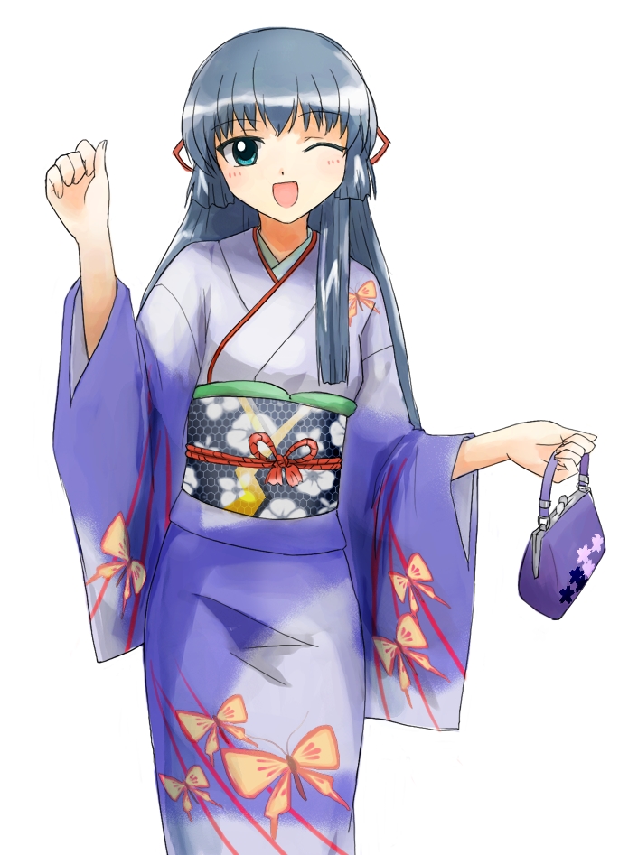 nyama, karasuma chitose, galaxy angel, bad id, bad pixiv id, 00s, 1girl, female focus, happy, japanese clothes, kimono, long hair, looking at viewer, one eye closed, simple background, smile, solo, white background, wink
