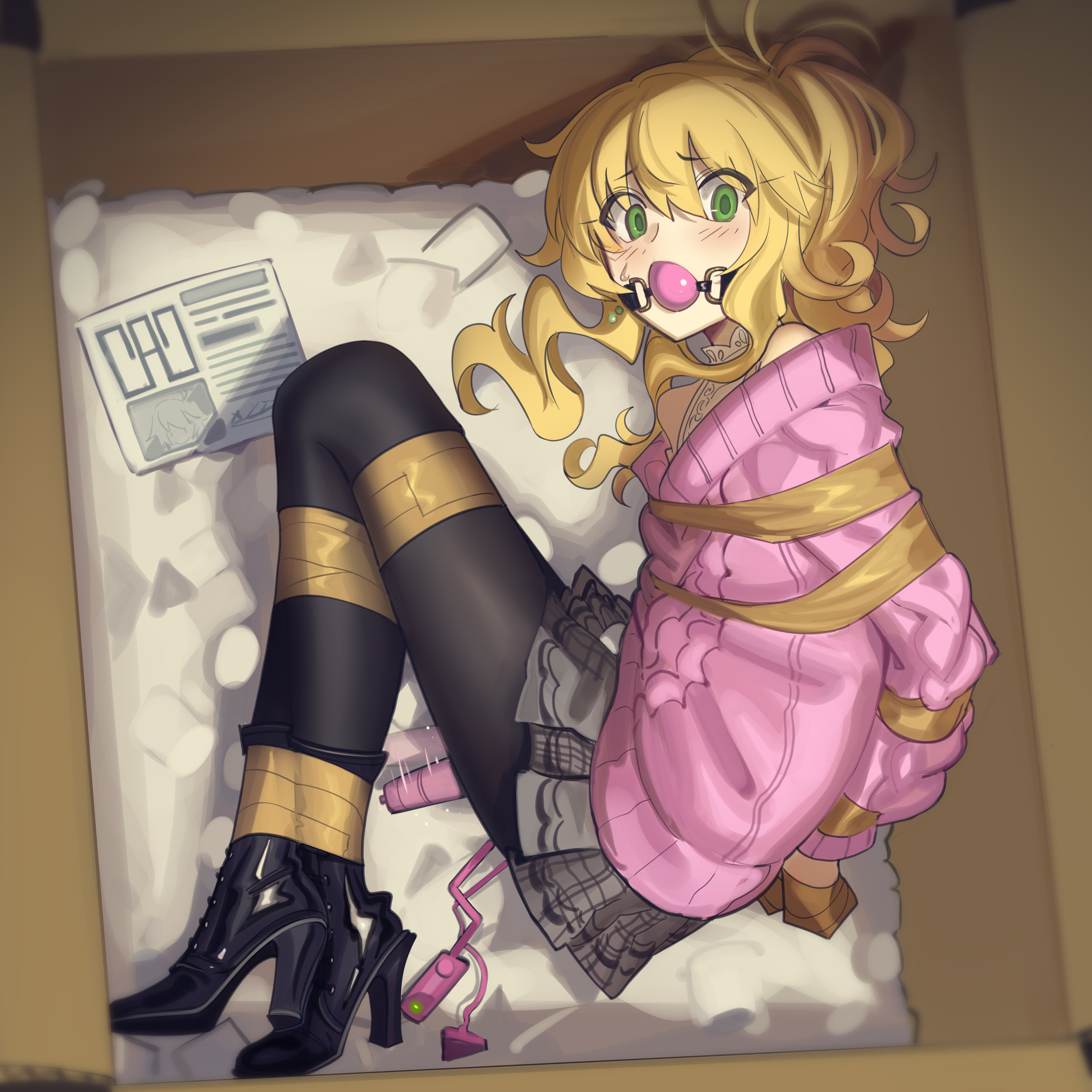 cad (caddo), hoshii miki, idolmaster, absurdres, highres, arms behind back, ball gag, bare shoulders, bdsm, black pantyhose, blonde hair, blush, bondage, boots, bound, bound arms, bound legs, box, egg vibrator, gag, gagged, green eyes, high heel boots, high heels, hitachi magic wand, in box, in container, long hair, looking at viewer, pantyhose, pink sweater, pleated skirt, ponytail, restrained, sex toy, shibari, shibari over clothes, shirt, skirt, sleeveless, sleeveless shirt, sweater, vibrator