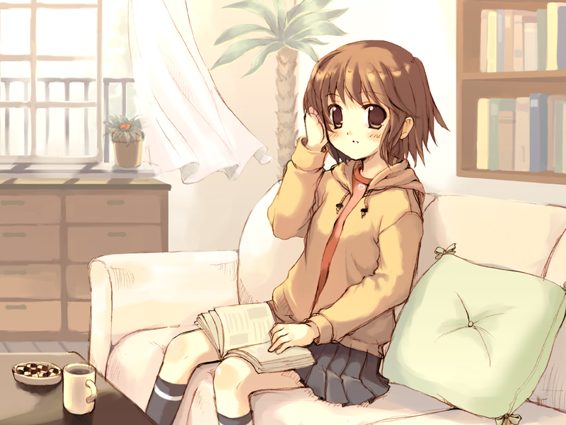 meito (maze), original, 1girl, adjusting hair, blush, book, brown eyes, brown hair, checkerboard cookie, coffee, cookie, couch, cup, curtains, cushion, female focus, floating curtains, flower pot, food, hood, hooded jacket, hoodie, indoors, jacket, kneehighs, knees, mug, pillow, plant, pleated skirt, school uniform, short hair, sitting, skirt, socks, solo, wind, window