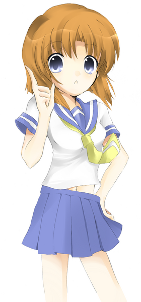 mizuse kotone, ryuuguu rena, higurashi no naku koro ni, bad id, bad pixiv id, 00s, blue eyes, brown hair, hand on own hip, hip focus, midriff, navel, orange hair, school uniform, serafuku, solo