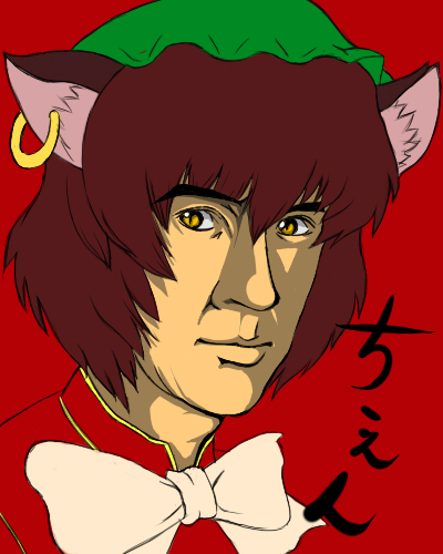 abiko zyozi, chen, jackie chan, touhou, bad id, bad pixiv id, lowres, 1girl, animal ears, brown hair, cat ears, cat girl, earrings, female focus, jewelry, name connection, parody, pun, simple background, solo, yellow eyes