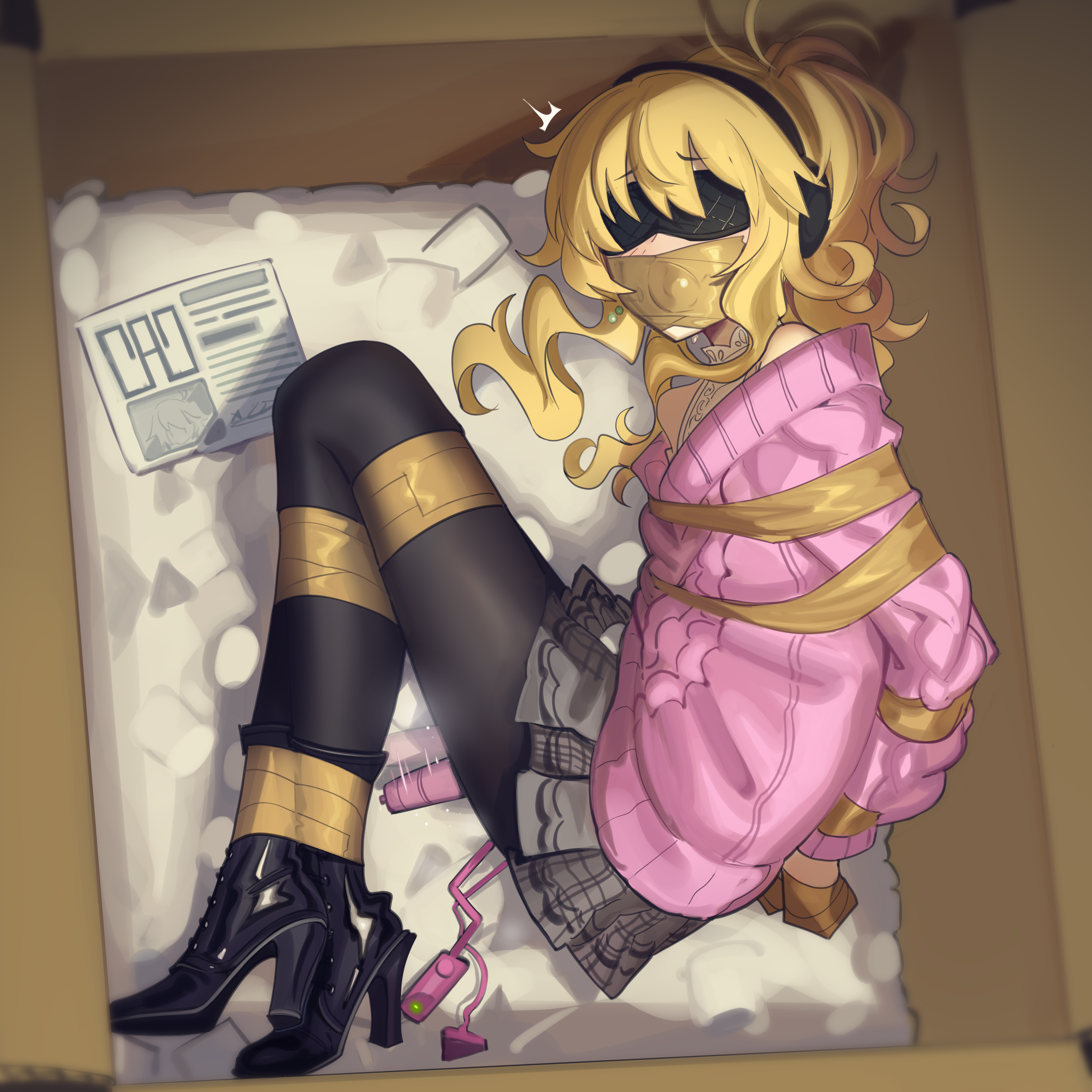 cad (caddo), hoshii miki, idolmaster, absurdres, highres, ahegao, arms behind back, ball gag, bare shoulders, bdsm, black pantyhose, blindfold, blonde hair, blush, bondage, boots, bound, bound arms, bound legs, box, egg vibrator, gag, gagged, headphones, high heel boots, high heels, hitachi magic wand, improvised gag, in box, in container, long hair, looking at viewer, pantyhose, pink sweater, pleated skirt, ponytail, restrained, sex toy, shibari, shibari over clothes, shirt, skirt, sleeveless, sleeveless shirt, sweater, tape, tape gag, vibrator
