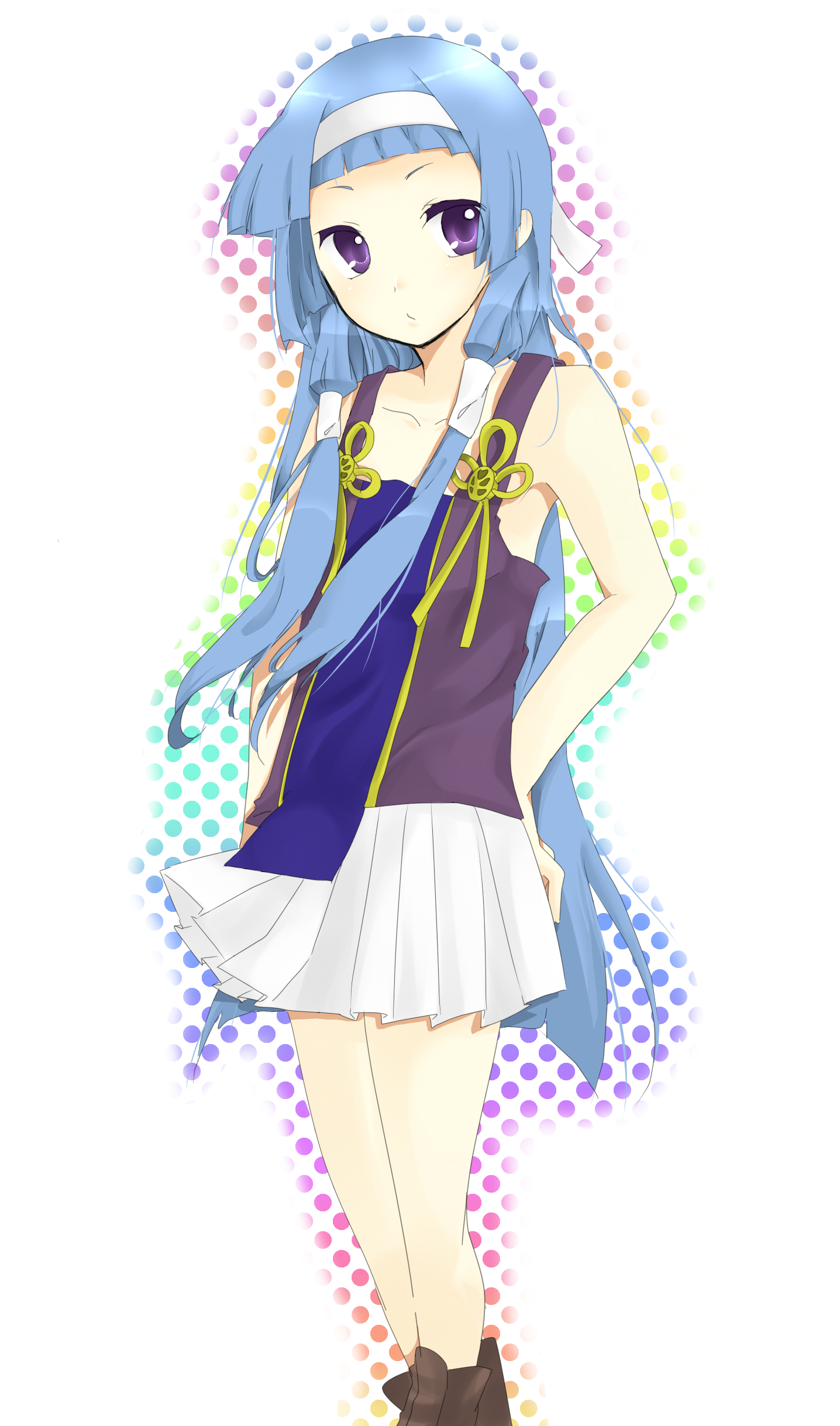 mizuse kotone, nagi, kannagi, absurdres, bad id, bad pixiv id, highres, 00s, blue hair, blunt bangs, flat chest, hair tubes, hairband, long hair, pleated skirt, purple eyes, skirt, solo, white skirt