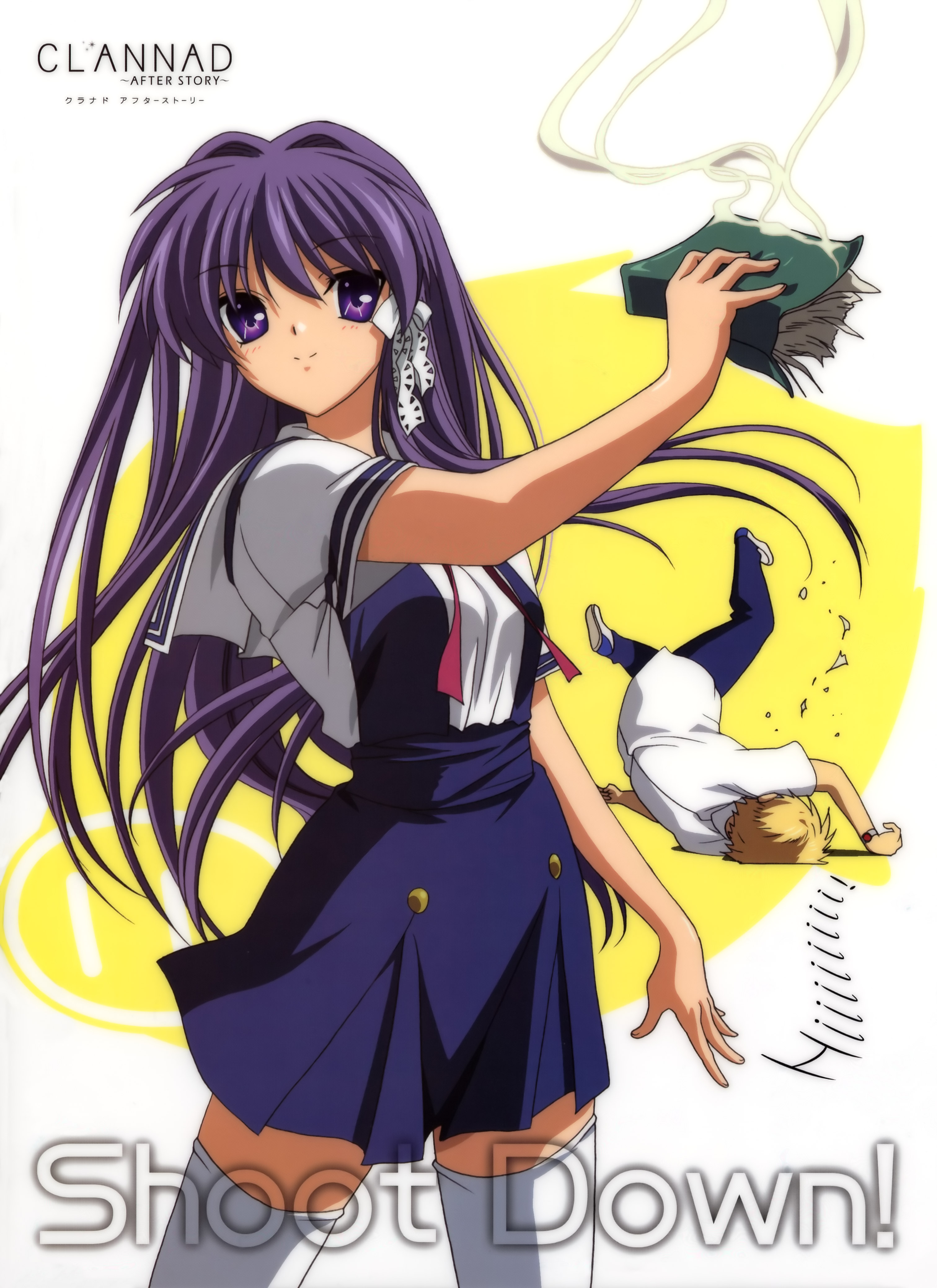 fujibayashi kyou, sunohara youhei, clannad, absurdres, highres, non-web source, 00s, blonde hair, book, long hair, purple eyes, purple hair, school uniform, serafuku, text focus, thighhighs, very long hair
