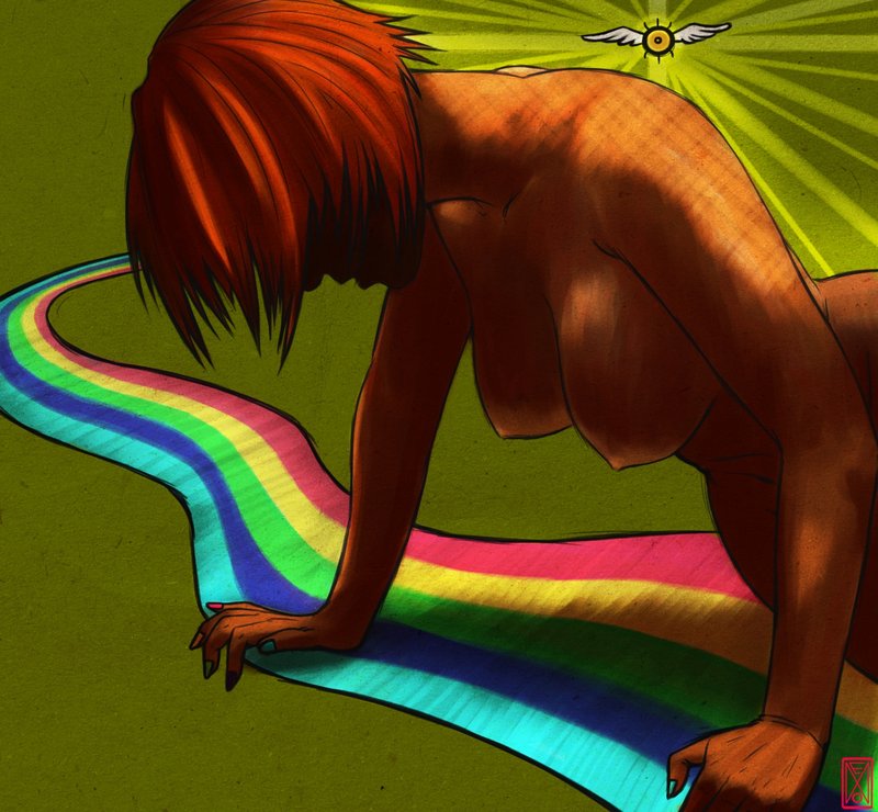 neonirvana, 1girl, breasts, dark-skinned female, dark skin, female focus, medium breasts, nipples, rainbow, red hair, solo