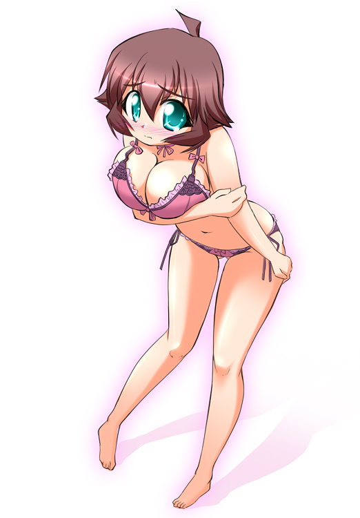 makihara izumi, kemeko deluxe, breast hold, 00s, 1girl, ahoge, aqua eyes, bent over, bra, breasts, brown hair, cleavage, female focus, large breasts, leaning forward, lingerie, panties, short hair, solo, underwear, underwear only