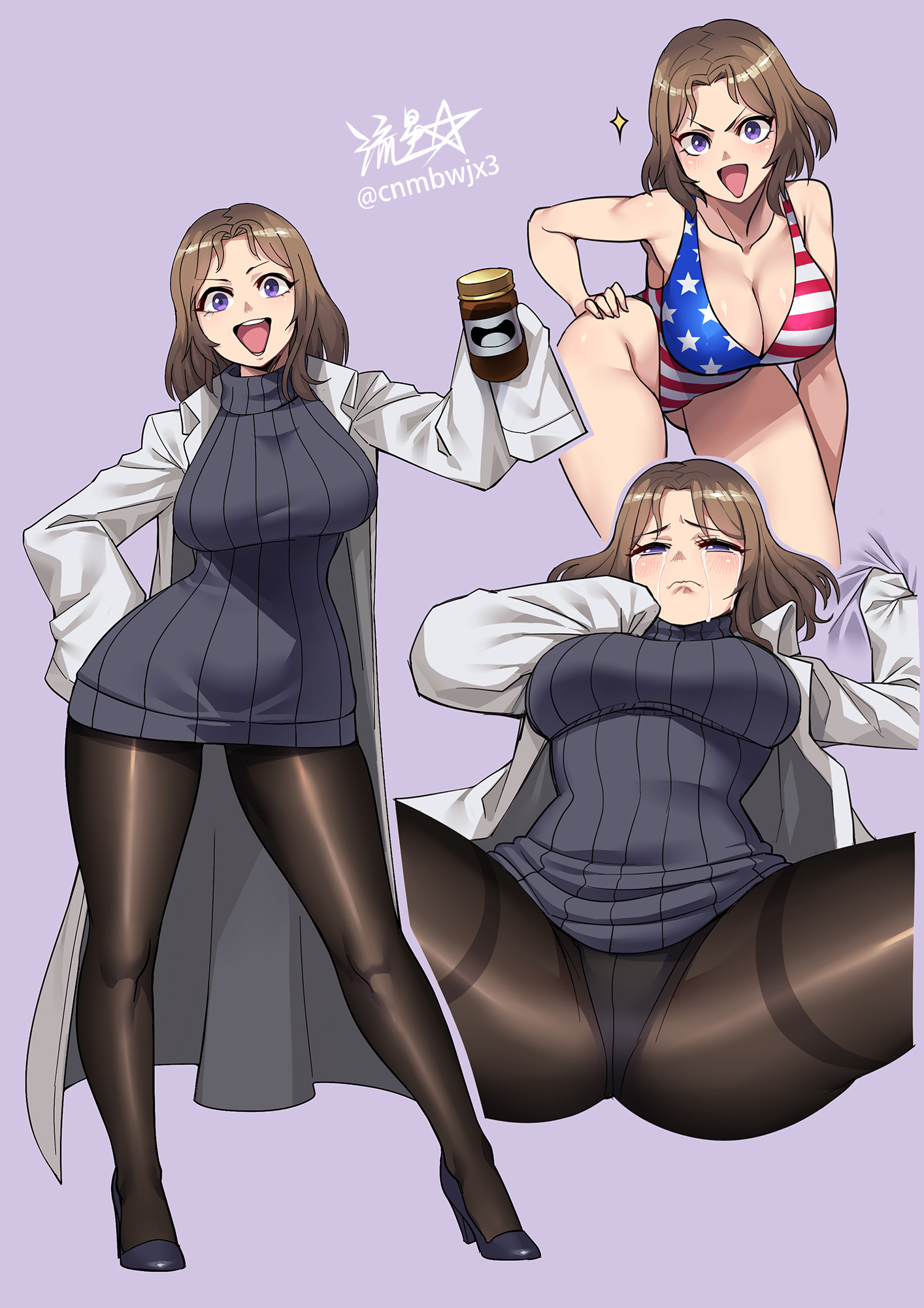 ryuusei (mark ii), amamiya (sakusei byoutou), sakusei byoutou, commentary request, highres, 1girl, american flag swimsuit, bent over, black dress, breasts, brown hair, cleavage, contrapposto, crying, dress, frown, gluteal fold, half-closed eyes, hand on own hip, high heels, lab coat, large breasts, one-piece swimsuit, open mouth, panties, panties under pantyhose, pantyhose, purple background, purple eyes, ribbed dress, short dress, signature, sleeves past fingers, sleeves past wrists, smile, spread legs, streaming tears, sweater, sweater dress, swimsuit, tears, turtleneck, turtleneck dress, twitter username, underwear, v-shaped eyebrows, wide hips