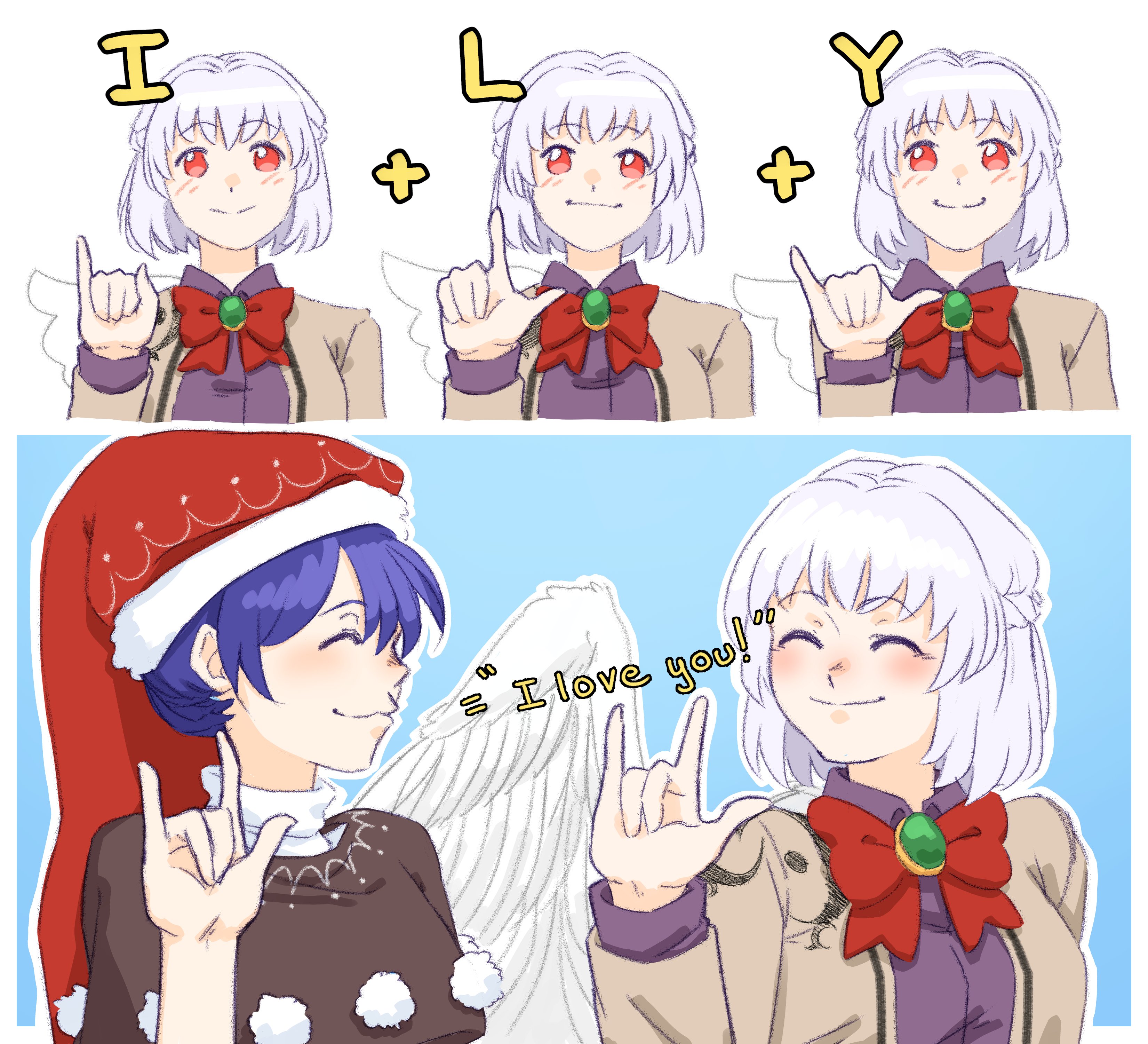 bread master, doremy sweet, kishin sagume, touhou, absurdres, highres, 2girls, :3, m/, angel wings, black capelet, blue background, blush, bow, bowtie, braid, capelet, dress, english text, feathered wings, grey hair, grey wings, half up braid, hat, jacket, looking at another, multiple girls, multiple views, nightcap, nightgown, pom pom (clothes), purple dress, red bow, red bowtie, red hat, single wing, smile, tail, tapir tail, white background, white wings, wings, yuri