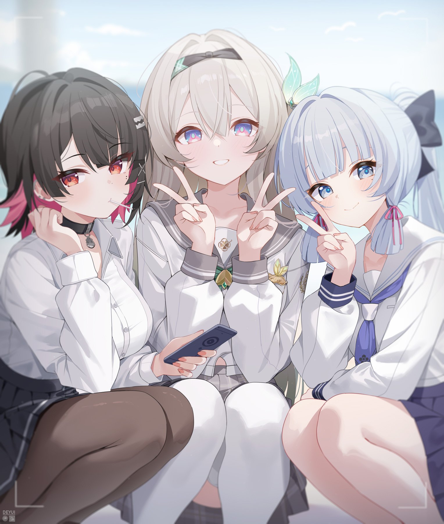 deyui, ayaka (genshin impact), ellen joe, ellen joe (on campus), firefly (honkai: star rail), firefly (spring missive) (honkai: star rail), kamisato ayaka, kamisato ayaka (heytea), genshin impact, honkai: star rail, honkai (series), zenless zone zero, highres, 3girls, black choker, black hair, blue hair, blue neckerchief, brown pantyhose, choker, closed mouth, collared shirt, colored inner hair, double v, grey hair, high ponytail, long hair, long sleeves, looking at viewer, multicolored hair, multiple girls, neckerchief, official alternate costume, pantyhose, parted lips, pink hair, ponytail, sailor collar, school uniform, shirt, shirt tucked in, short hair, skirt, smile, squatting, thighhighs, v, viewfinder, white shirt, white thighhighs
