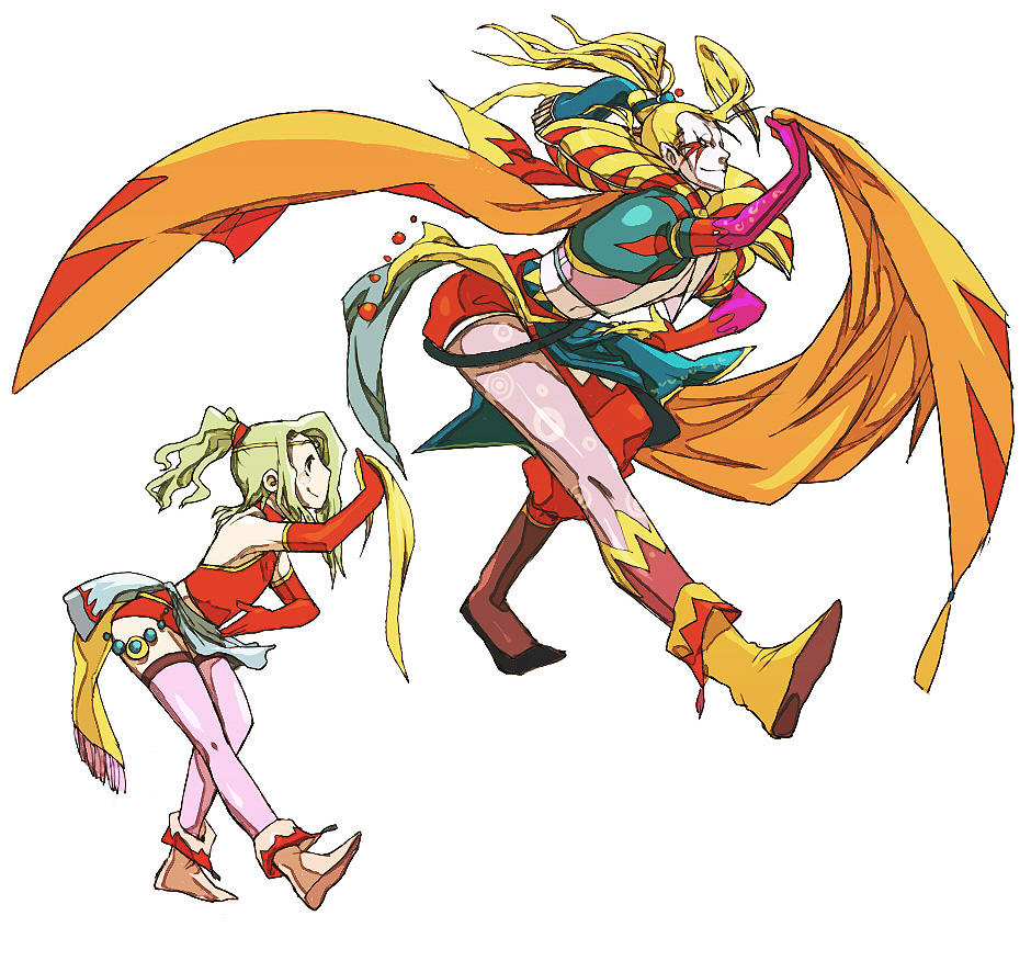 mov, cefca palazzo, tina branford, final fantasy, final fantasy vi, 1990s (style), armpits, bare shoulders, blonde hair, cape, child, clown, copying, detached sleeves, green hair, imitating, long hair, makeup, pantyhose, pointy ears, ponytail, retro artstyle, simple background, thighhighs
