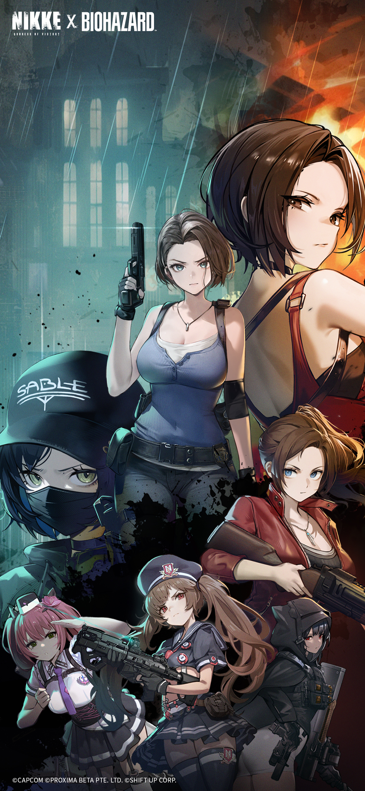 ada wong, claire redfield, d (nikke), jill valentine, miranda (nikke), quiry (nikke), goddess of victory: nikke, resident evil, resident evil 2, resident evil 2 (remake), resident evil 3: nemesis, resident evil 3 (remake), absurdres, highres, official art, 6+girls, belt, black belt, black cloak, black hat, black shirt, black skirt, blue eyes, blue shirt, bow (weapon), break action, breasts, brown eyes, brown hair, bullpup, cloak, closed mouth, cropped shirt, crossbow, crossover, deipara (nikke), dress, forehead, frown, glock, green eyes, green hair, grenade launcher, gun, handgun, hat, holding, holding crossbow, holding gun, holding weapon, hood, hooded cloak, jacket, jewelry, large breasts, looking at viewer, m79, mask, mouth mask, multiple girls, necklace, p90, pink hair, police, police uniform, red dress, red jacket, shirt, short sleeves, skirt, star (symbol), submachine gun, tank top, twintails, weapon, white shirt