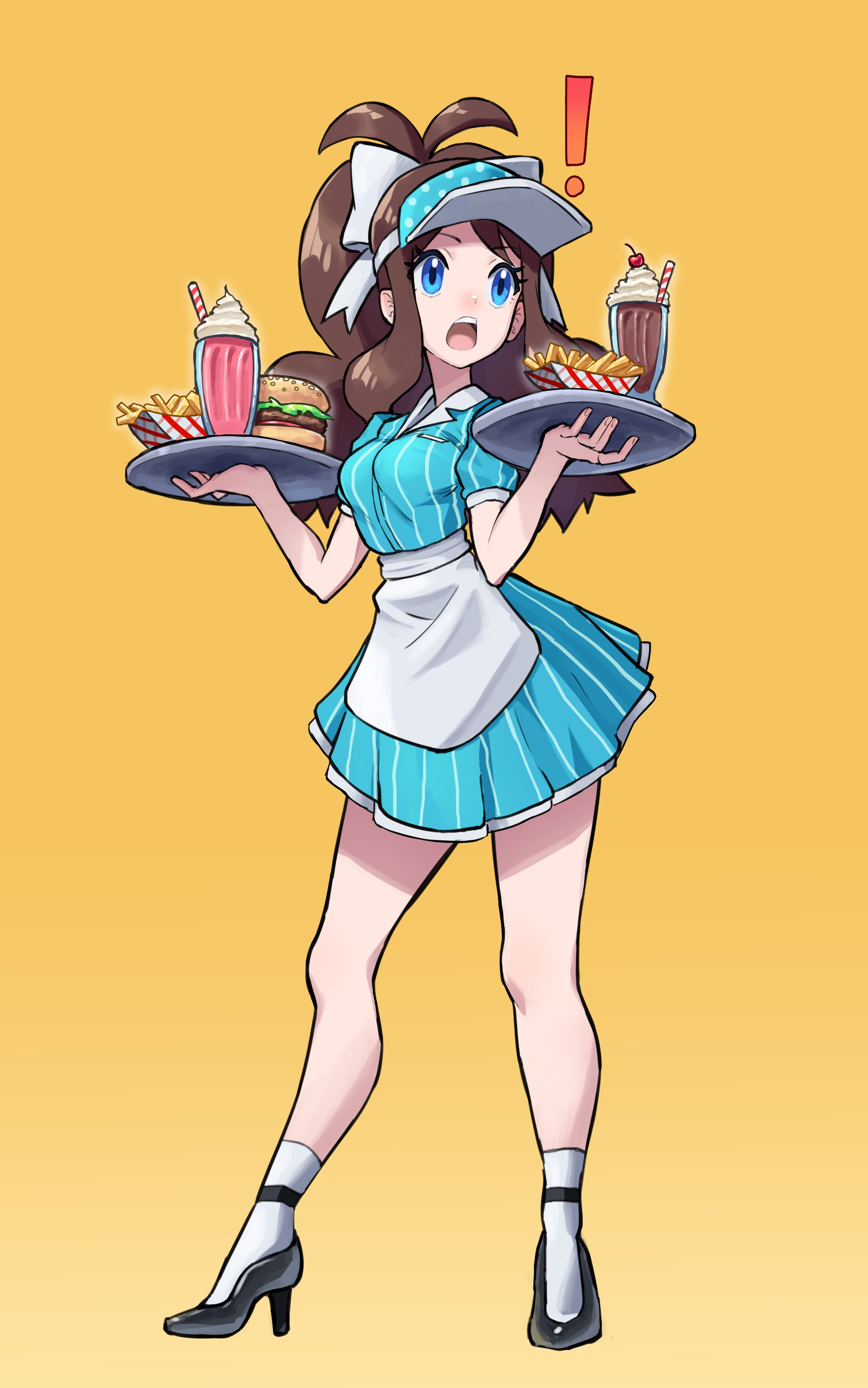 grimmelsdathird, hilda (pokemon), nintendo, pokemon, pokemon bw, absurdres, commentary, english commentary, highres, !, 1girl, :o, alternate costume, apron, black shoes, blue dress, blue eyes, blue hat, bow, breasts, brown hair, burger, dress, food, french fries, full body, hair bow, hat, high heels, holding, holding tray, long hair, milkshake, open mouth, ponytail, shoes, short sleeves, small breasts, socks, solo, striped clothes, striped dress, teeth, tray, upper teeth only, vertical-striped clothes, vertical-striped dress, visor cap, waist apron, waitress, white apron, white bow, white socks, yellow background