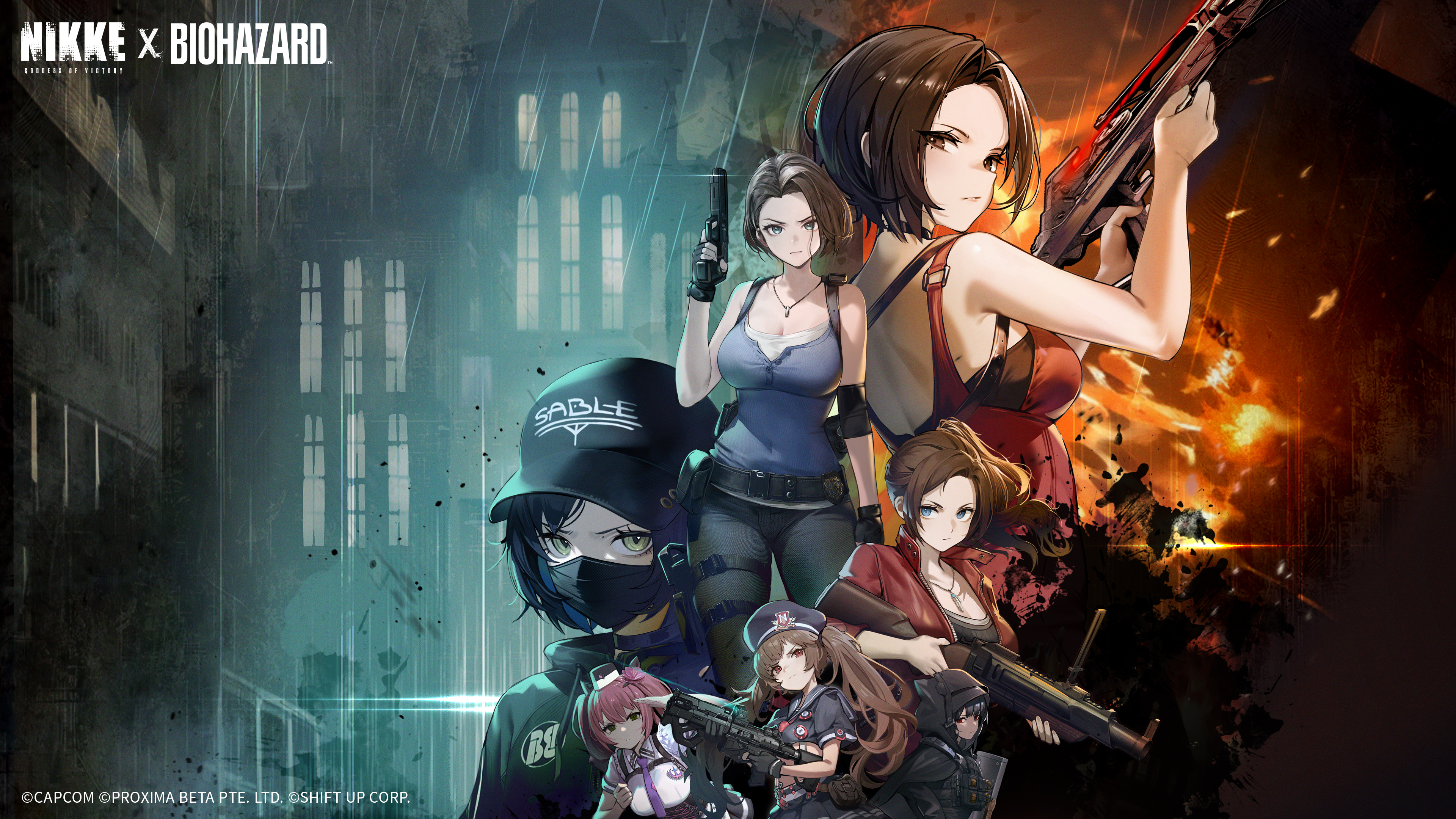 ada wong, claire redfield, d (nikke), jill valentine, miranda (nikke), quiry (nikke), goddess of victory: nikke, resident evil, resident evil 2, resident evil 2 (remake), resident evil 3: nemesis, resident evil 3 (remake), absurdres, highres, official art, 6+girls, belt, black belt, black cloak, black hat, black shirt, black skirt, blue eyes, blue shirt, bow (weapon), break action, breasts, brown eyes, brown hair, bullpup, cloak, closed mouth, cropped shirt, crossbow, crossover, deipara (nikke), dress, forehead, frown, green eyes, green hair, grenade launcher, gun, handgun, hat, holding, holding crossbow, holding gun, holding weapon, hood, hooded cloak, jacket, jewelry, large breasts, looking at viewer, m79, mask, mouth mask, multiple girls, necklace, p90, pink hair, police, police uniform, red dress, red jacket, shirt, short sleeves, skirt, star (symbol), submachine gun, tank top, twintails, weapon, white shirt