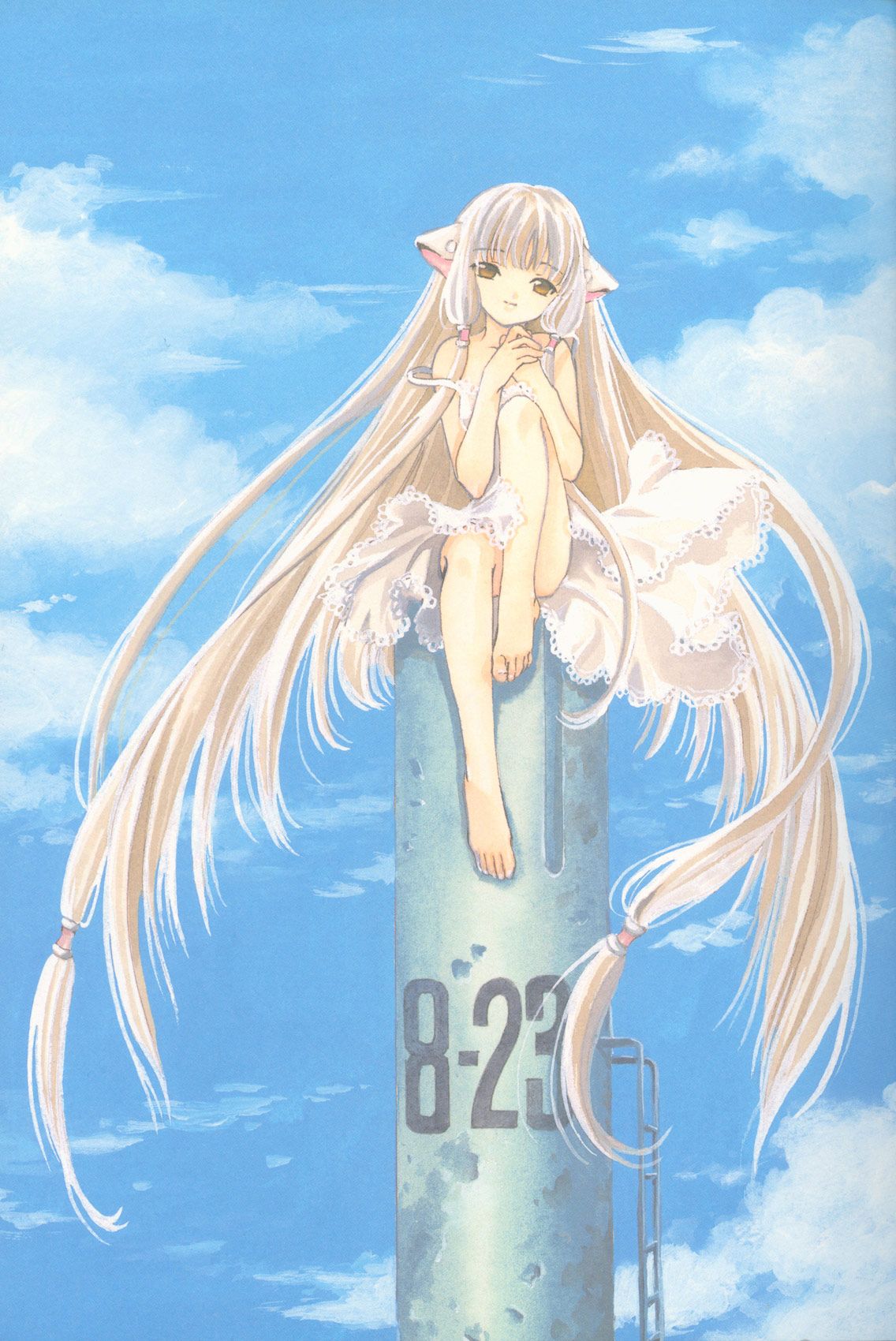 clamp, chii, chobits, highres, official art, 00s, 1girl, absurdly long hair, bare shoulders, barefoot, blonde hair, brown eyes, cloud, day, dress, feet, female focus, full body, long hair, robot ears, sitting, sky, smile, solo, strap slip, sundress, tower, very long hair