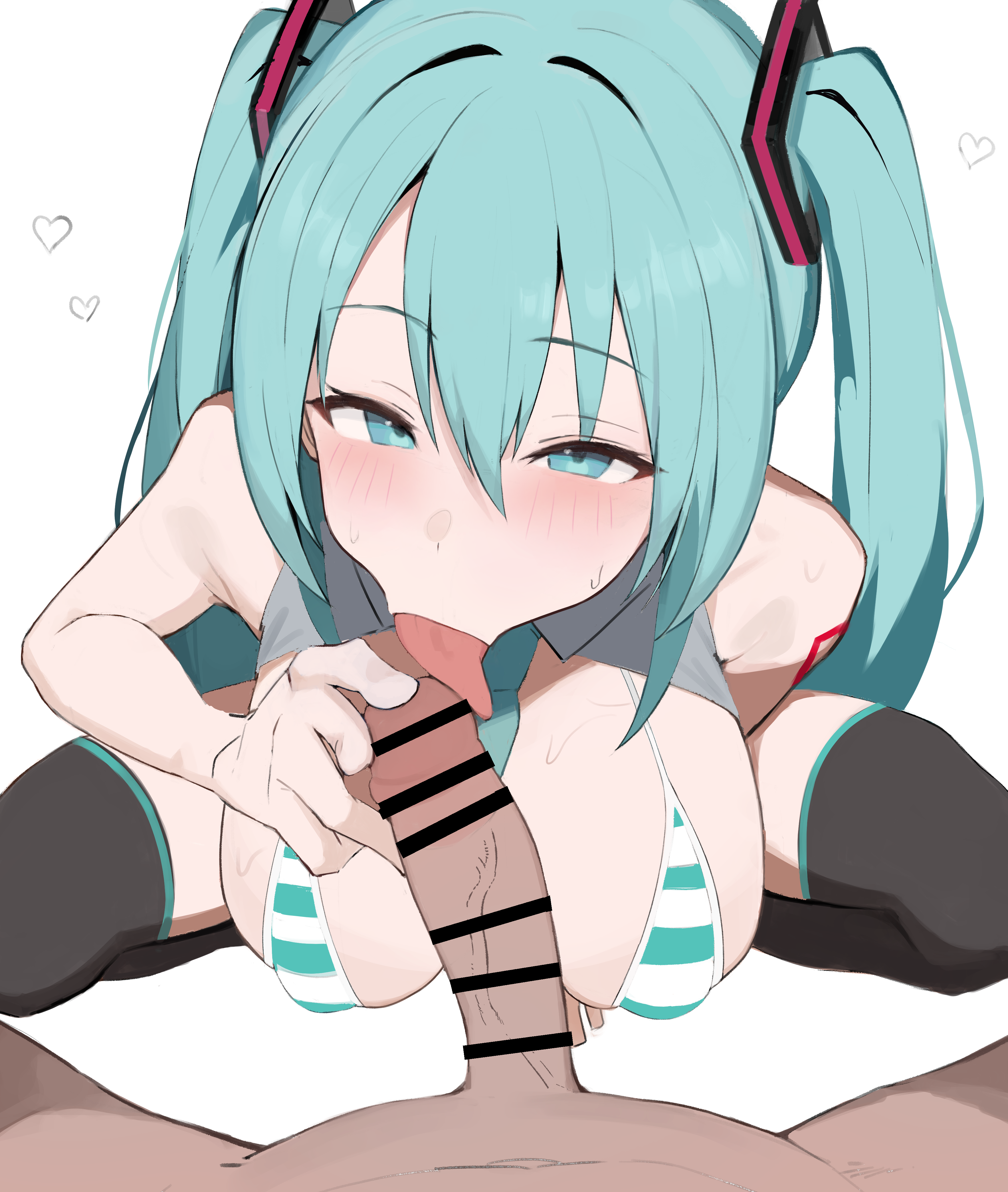 mukana meme, hatsune miku, vocaloid, absurdres, commentary request, highres, revision, 1boy, 1girl, aqua bikini, aqua eyes, aqua hair, aqua necktie, bar censor, bare arms, bare shoulders, bikini, black thighhighs, blush, breasts, censored, detached collar, erection, fellatio, hair between eyes, heart, hetero, large breasts, licking, licking penis, long hair, looking at viewer, micro bikini, miku collar bikini, multicolored bikini, necktie, oral, penis, penis grab, pov, pov crotch, simple background, solo focus, striped bikini, striped clothes, sweatdrop, swimsuit, thighhighs, tongue, tongue out, tsurime, twintails, two-tone bikini, white background