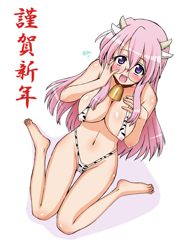 akiyama kenta, takara miyuki, lucky star, 00s, 1girl, 2009, :o, animal ears, barefoot, bell, bikini, blush, body blush, breasts, cameltoe, cleavage, collar, covered erect nipples, cow ears, cow girl, dutch angle, embarrassed, feet, female focus, from above, full body, glasses, groin, hand on own face, horns, large breasts, long hair, micro bikini, navel, neck bell, new year, nipples, pink hair, purple eyes, see-through clothes, sideboob, simple background, sitting, solo, sweatdrop, swimsuit, very long hair, wariza