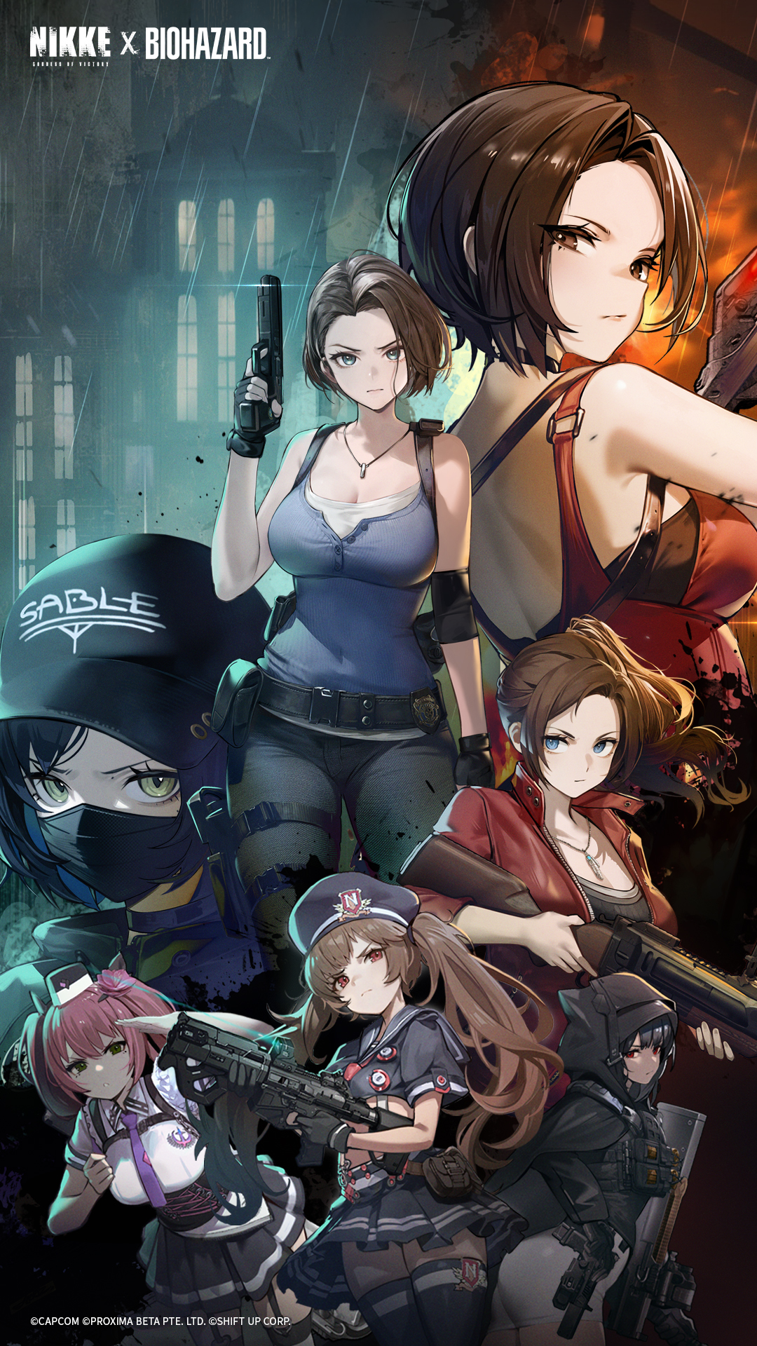 ada wong, claire redfield, d (nikke), jill valentine, miranda (nikke), quiry (nikke), goddess of victory: nikke, resident evil, resident evil 2, resident evil 2 (remake), resident evil 3: nemesis, resident evil 3 (remake), highres, official art, 6+girls, belt, black belt, black cloak, black hat, black shirt, black skirt, blue eyes, blue shirt, bow (weapon), break action, breasts, brown eyes, brown hair, bullpup, cloak, closed mouth, cropped shirt, crossbow, crossover, deipara (nikke), dress, forehead, frown, glock, green eyes, green hair, grenade launcher, gun, handgun, hat, holding, holding crossbow, holding gun, holding weapon, hood, hooded cloak, jacket, jewelry, large breasts, looking at viewer, m79, mask, mouth mask, multiple girls, necklace, p90, pink hair, police, police uniform, red dress, red jacket, shirt, short sleeves, skirt, star (symbol), submachine gun, tank top, twintails, weapon, white shirt