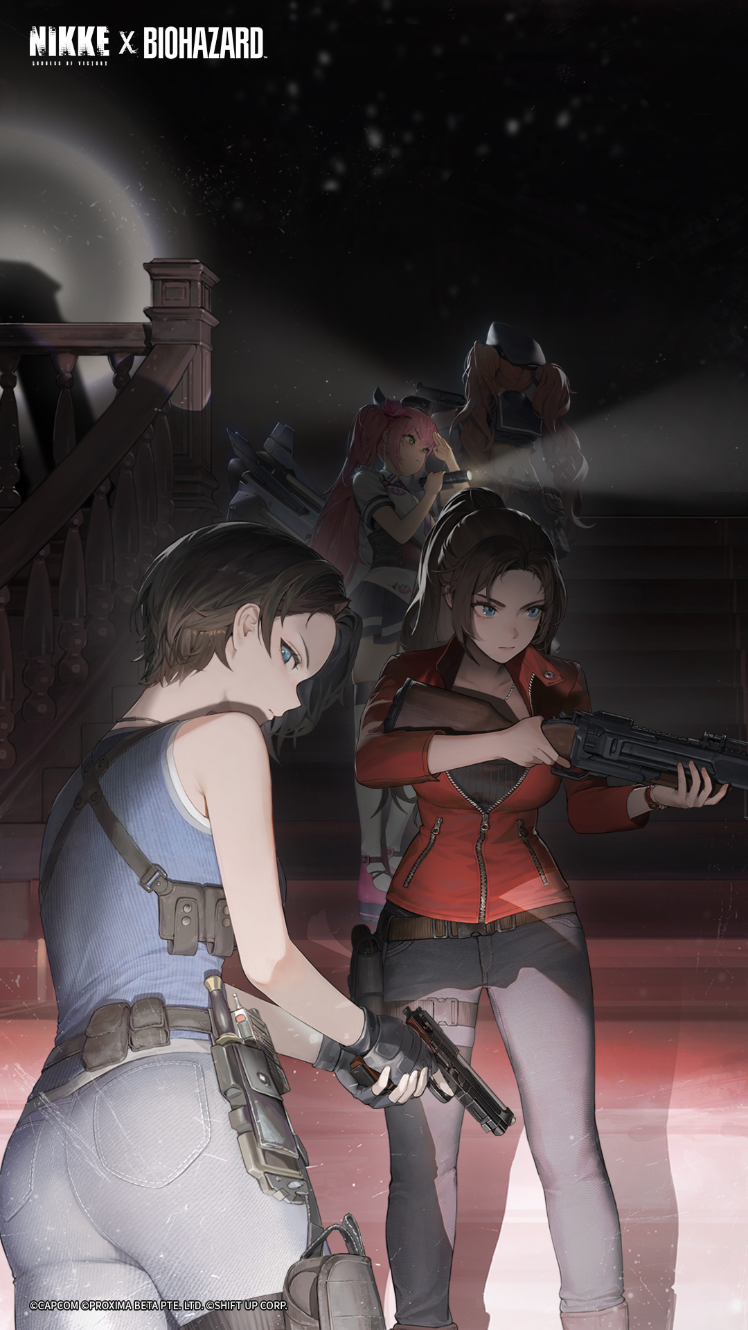 claire redfield, jill valentine, miranda (nikke), quiry (nikke), goddess of victory: nikke, resident evil, cropped, highres, non-web source, beretta 92, black shirt, blue eyes, blue skirt, break action, brown hair, closed mouth, collared shirt, crossover, denim, flashlight, forehead, green eyes, grenade launcher, grey pants, gun, handgun, holding, holding flashlight, holding gun, holding weapon, indoors, jacket, jeans, long hair, long sleeves, looking afar, looking at viewer, m79, medium hair, pants, pink hair, ponytail, red jacket, shirt, shotgun, skirt, sleeveless, sleeveless shirt, stairs, standing, twintails, very long hair, walking, weapon, white shirt