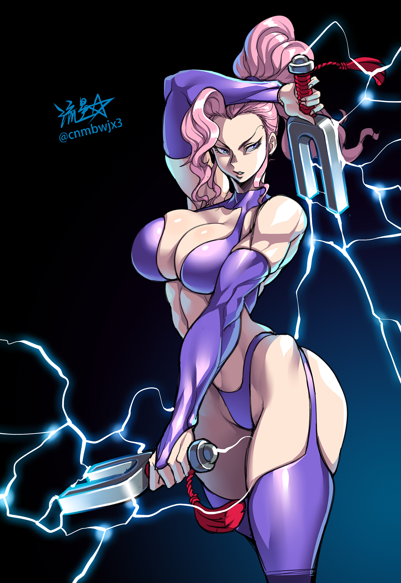 ryuusei (mark ii), carol (captain commando), captain commando, commentary, highres, 1girl, bikini, breasts, bridal gauntlets, cleavage, dual persona, electricity, high ponytail, highleg, highleg bikini, hip bones, large breasts, narrow waist, pink hair, ponytail, purple bridal gauntlets, purple eyes, signature, skindentation, solo, swimsuit, thighs, toned, toned female, tuning fork, twitter username