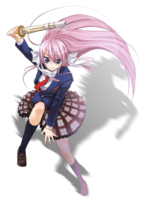 kanzaki karuna, touyama sakura, shinakoi, 1girl, blazer, blue eyes, bow, female focus, fighting stance, full body, gradient background, hair bow, horse, jacket, kneehighs, loafers, long hair, necktie, pink hair, plaid clothes, plaid skirt, pleated skirt, school uniform, shadow, shinai, shoes, skirt, smile, socks, solo, sword, very long hair, weapon